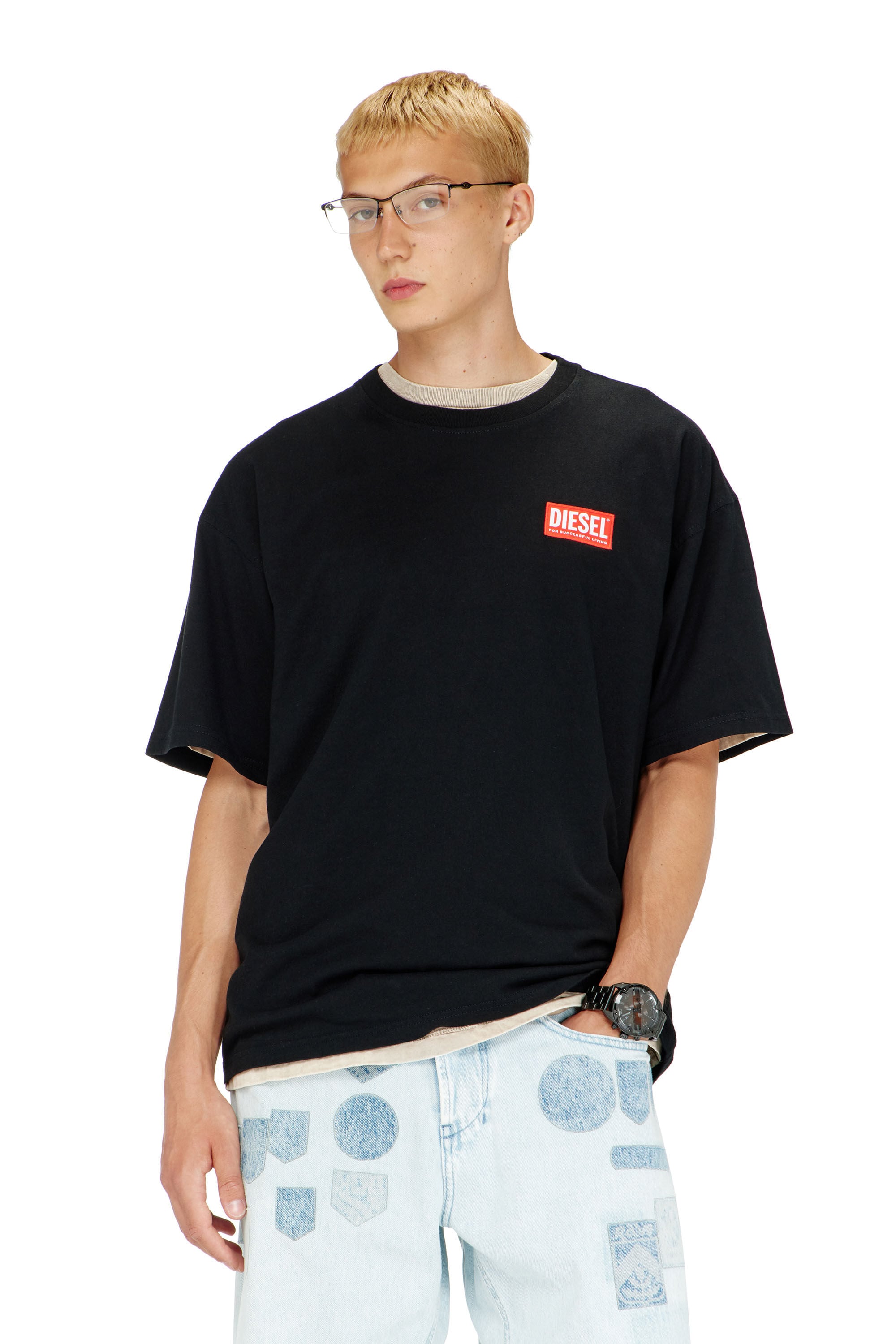 Diesel - T-BOXT-LAB, T-shirt avec empi&egrave;cement &agrave; logo en jacquard Homme in Noir - 3