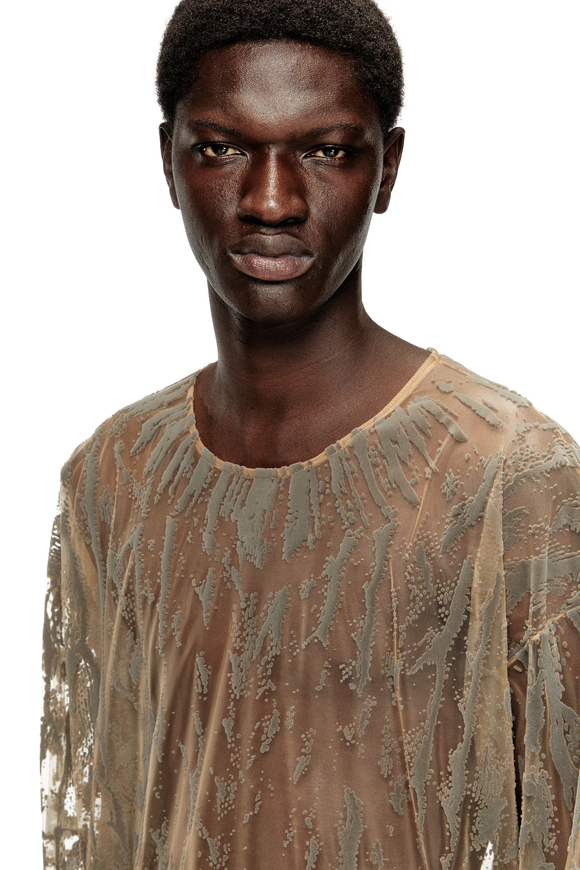 Diesel - T-TARAS, Haut à manches longues en tulle floqué Homme in Gris - 5
