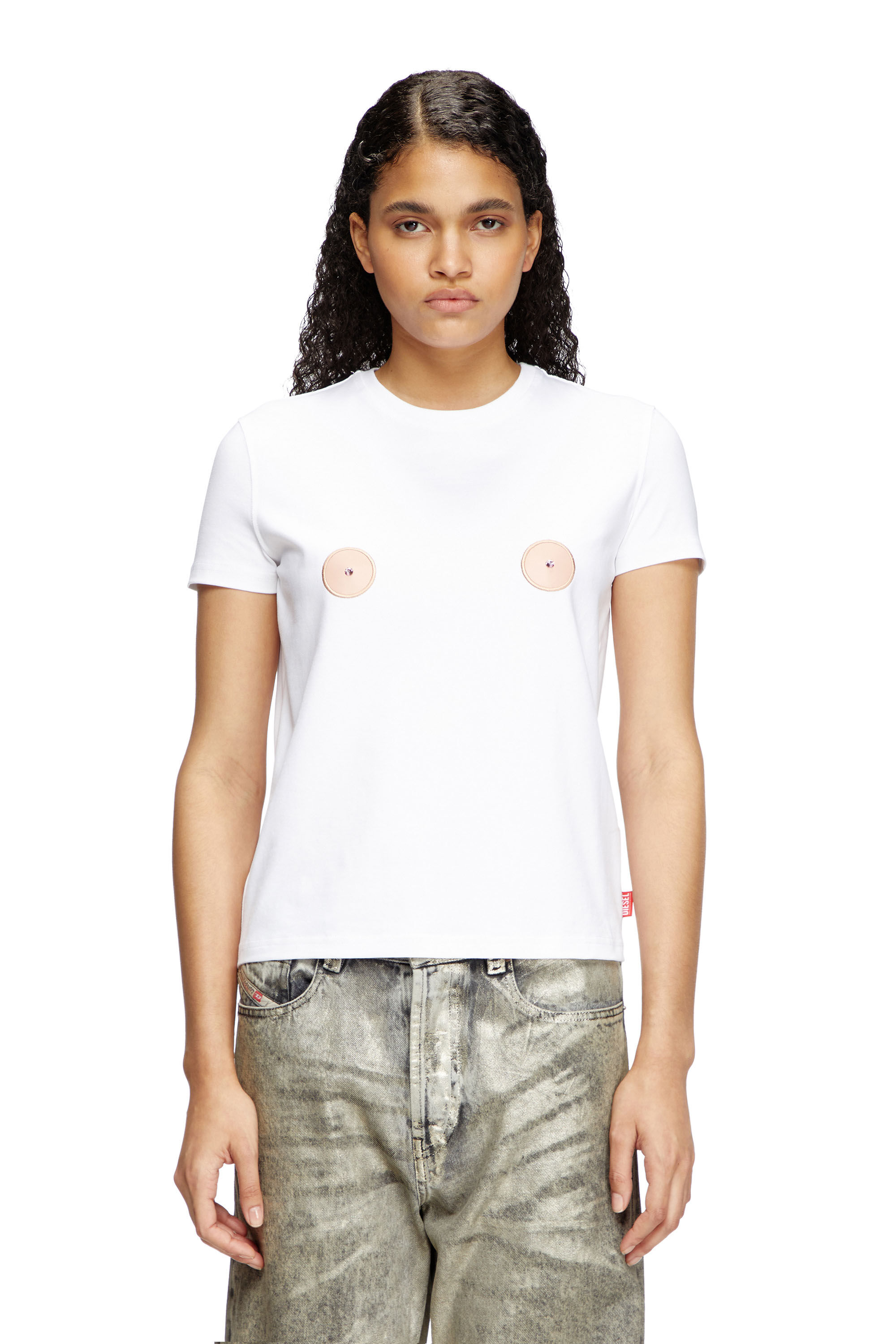 Diesel - T-SLAX-Q1, T-shirt avec empiècements effet mamelons Femme in Blanc - 3