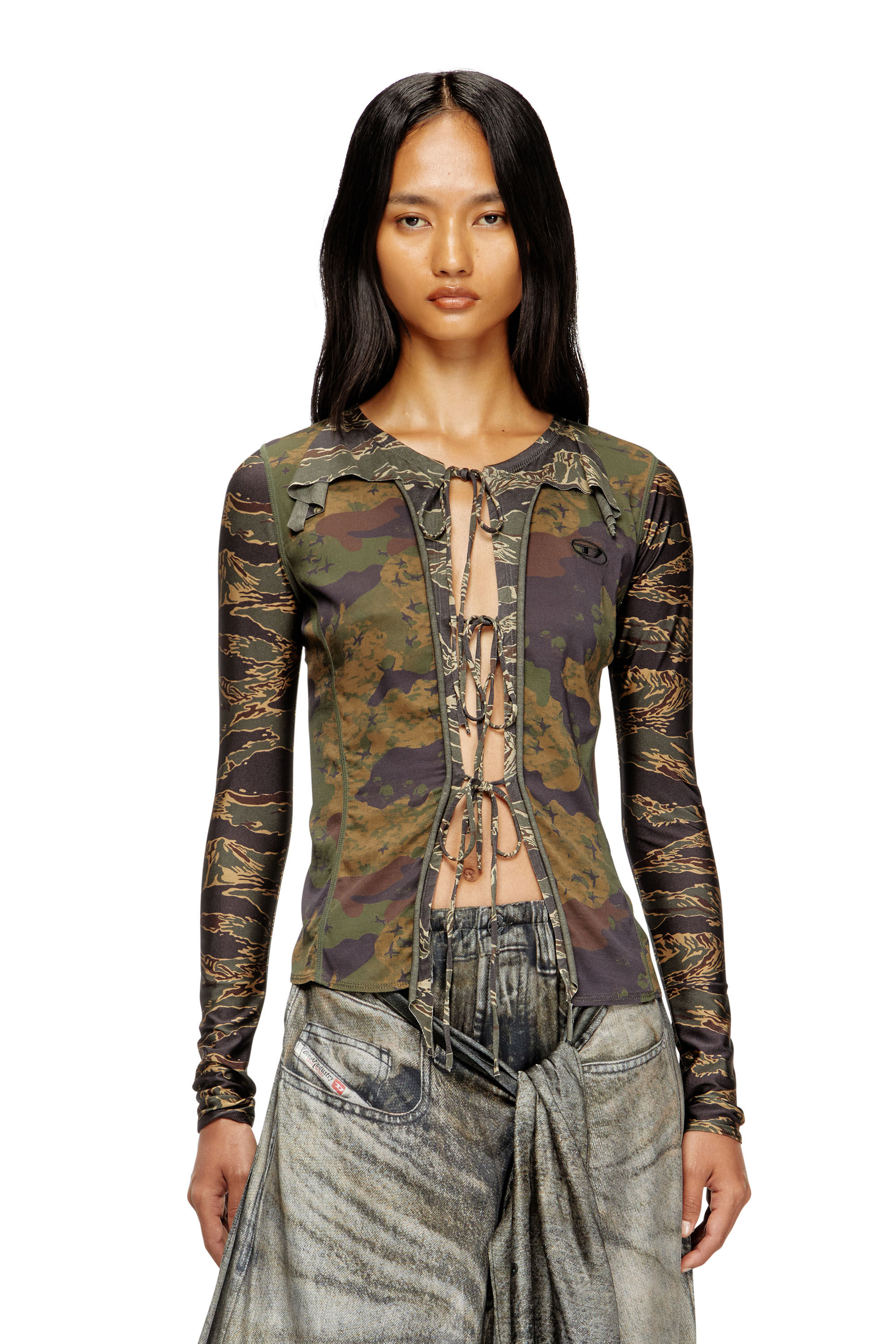 Diesel - T-AFRY, Cardigan à nouer avec imprimés camouflage mélangés Femme in Vert - 3