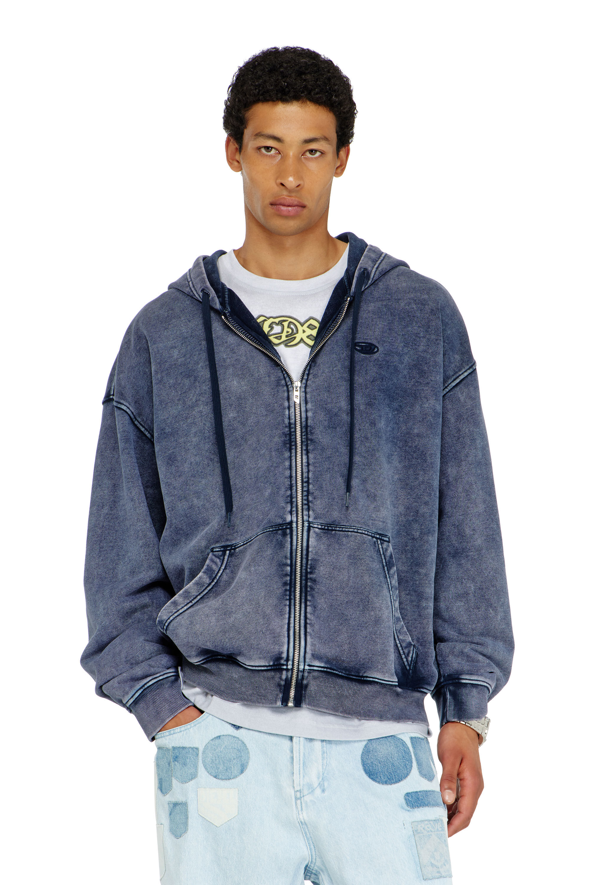 Diesel - S-BOXT-HOOD-ZIP-DEN, Sweat &agrave; capuche zipp&eacute; en molleton de coton trait&eacute; Homme in Bleu - 3