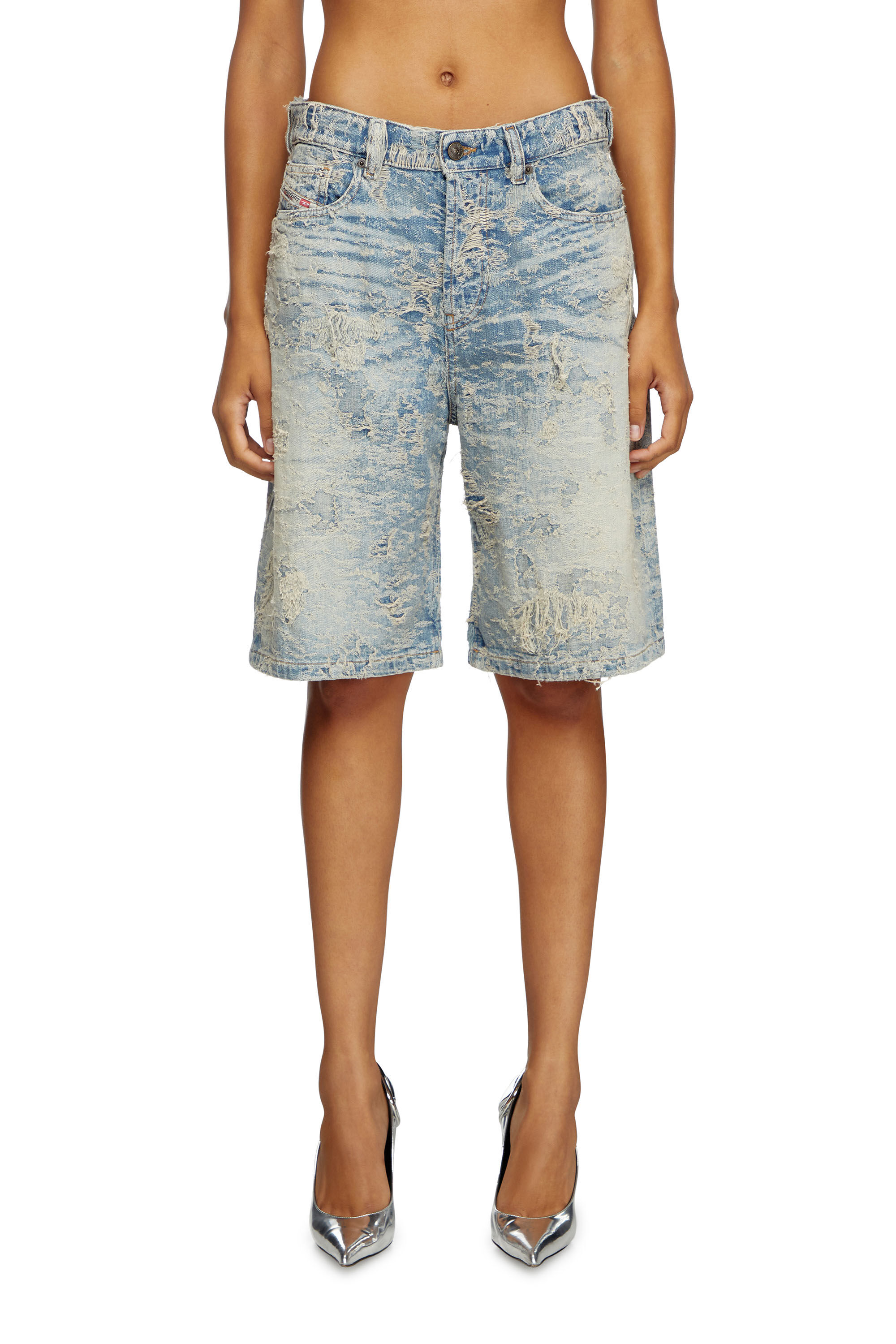 Diesel - DE-SIRE-SHORT-FSF, Short en denim jacquard effet sali Femme in Bleu - 3