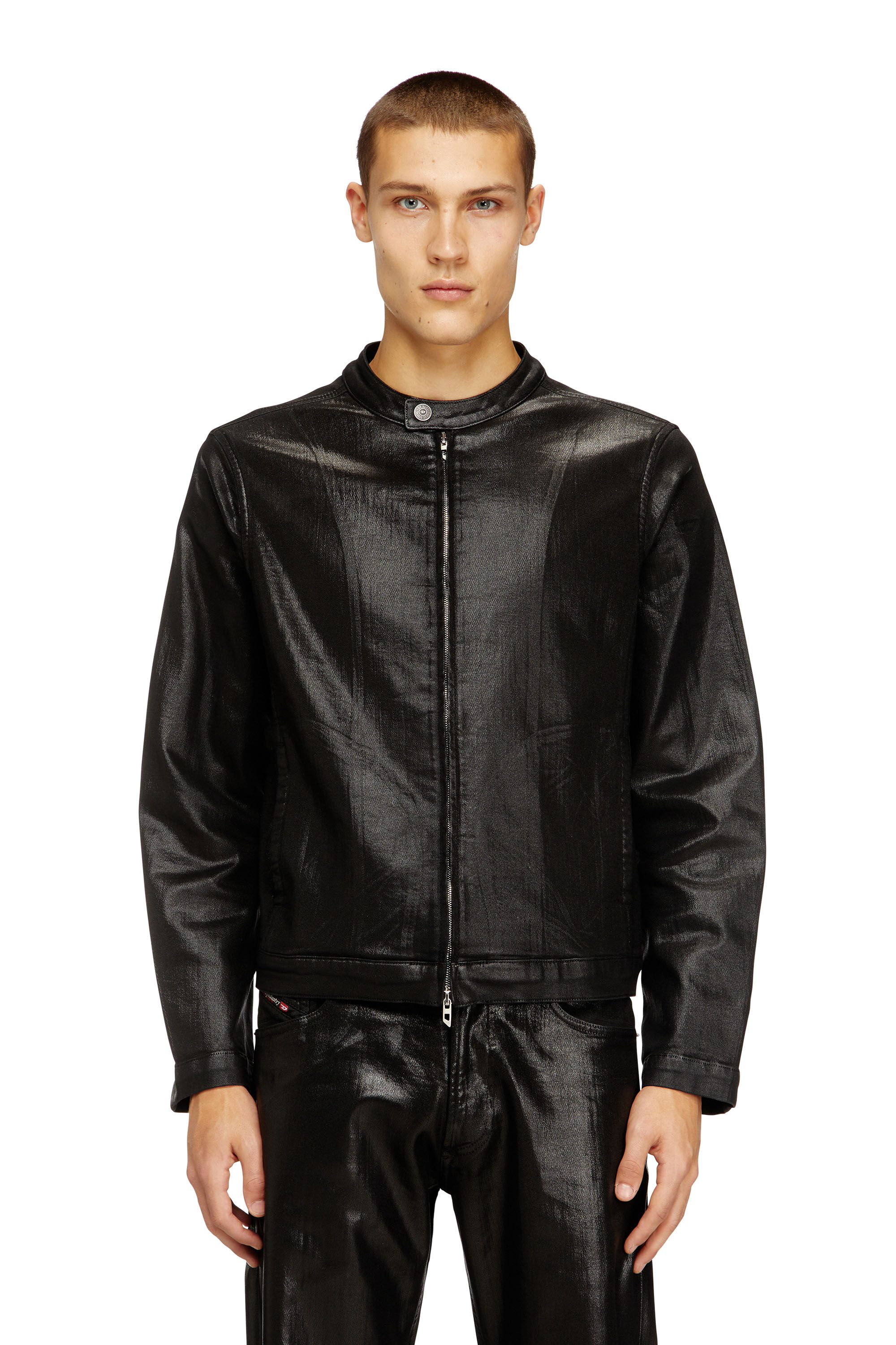Diesel - D-GLORY JOGG, Man's Moto jacket in shiny coated JoggJeans in Black - 3
