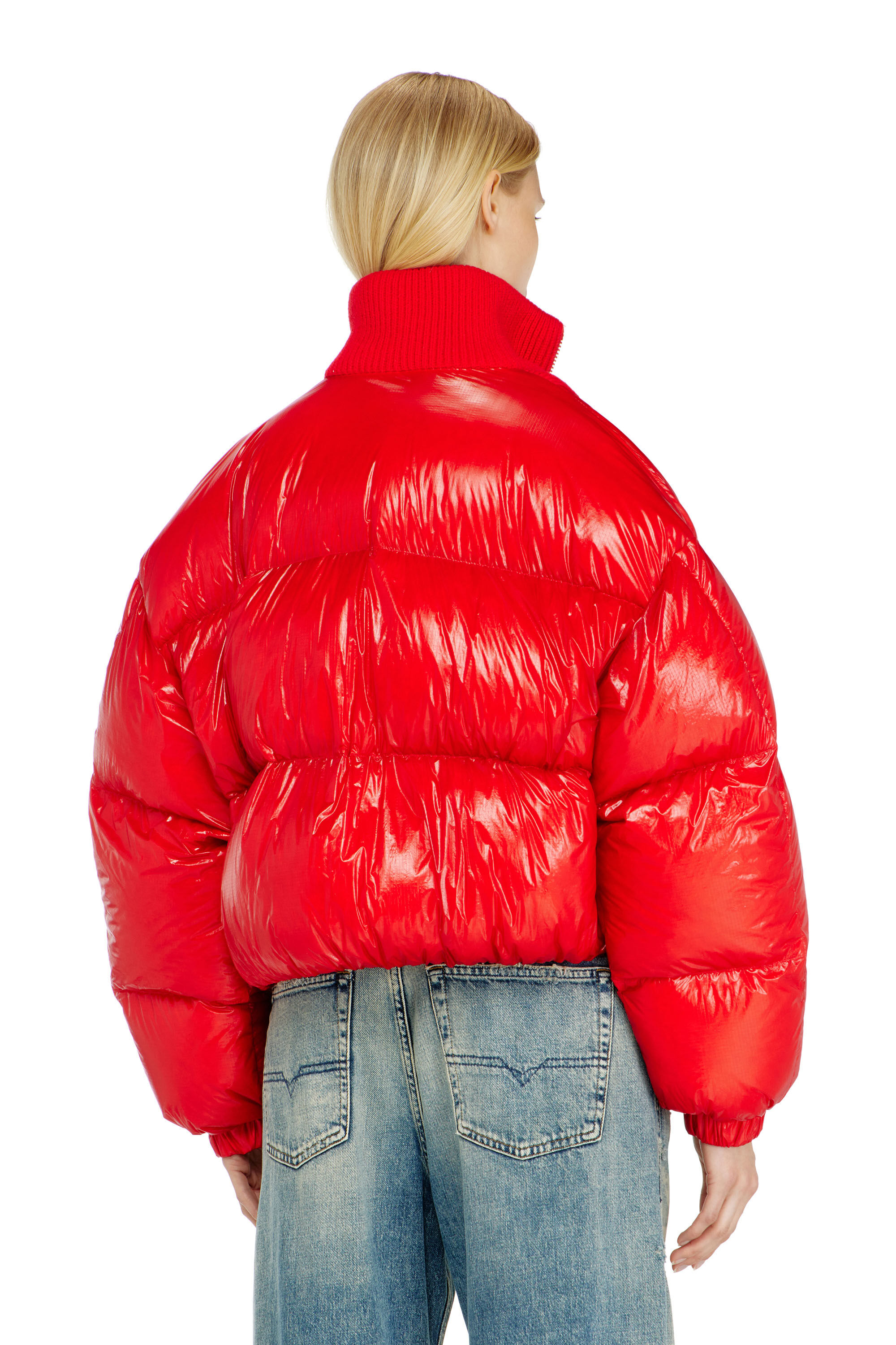 Diesel - W-ARRIOR, Woman's Down puffer jacket in ripstop with knitted collar in Red - 4