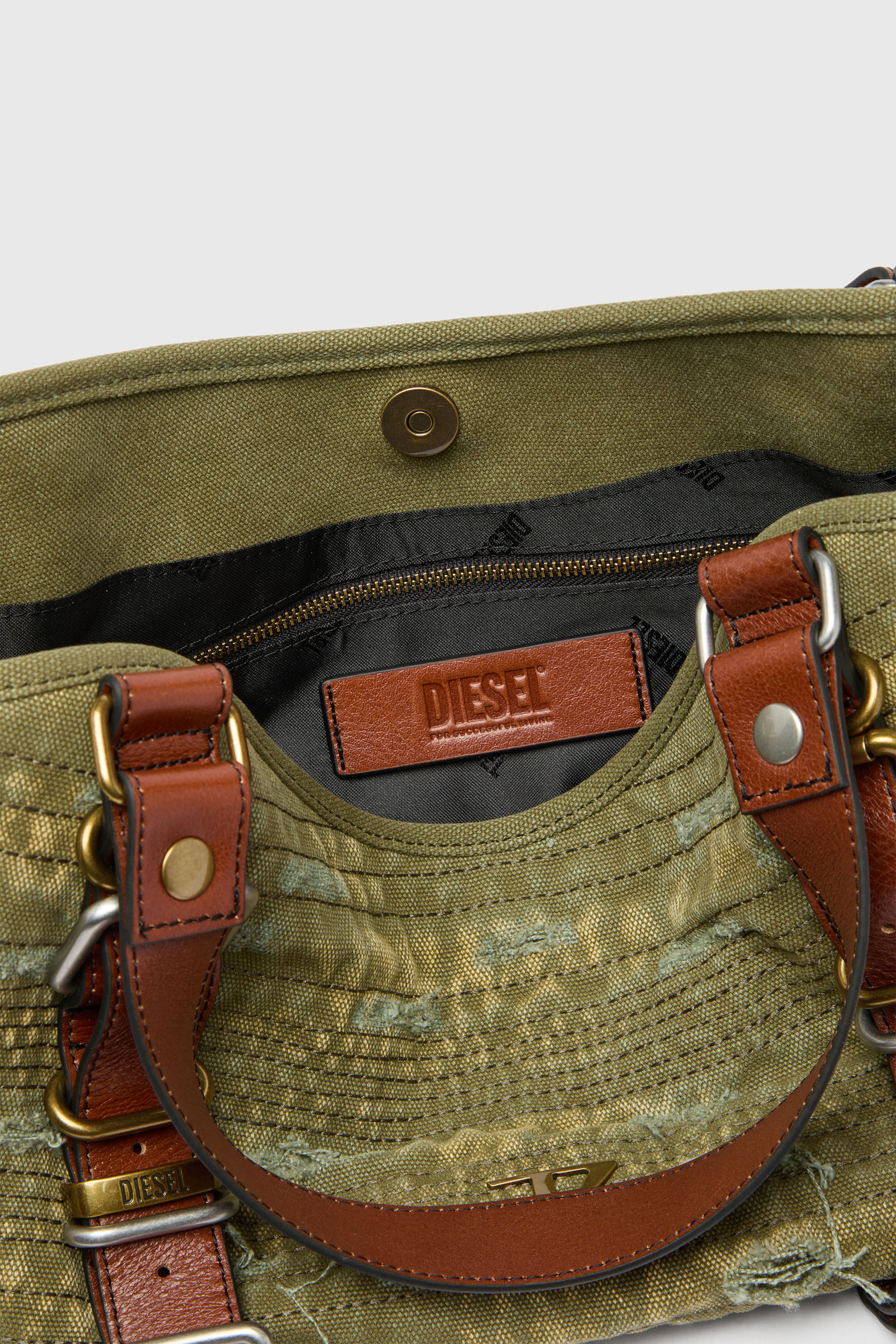 Diesel - D-ONE TOPHANDLE S, D-One-Small sac &agrave; poign&eacute;e en toile effet us&eacute; et cuir Femme in Vert - 6