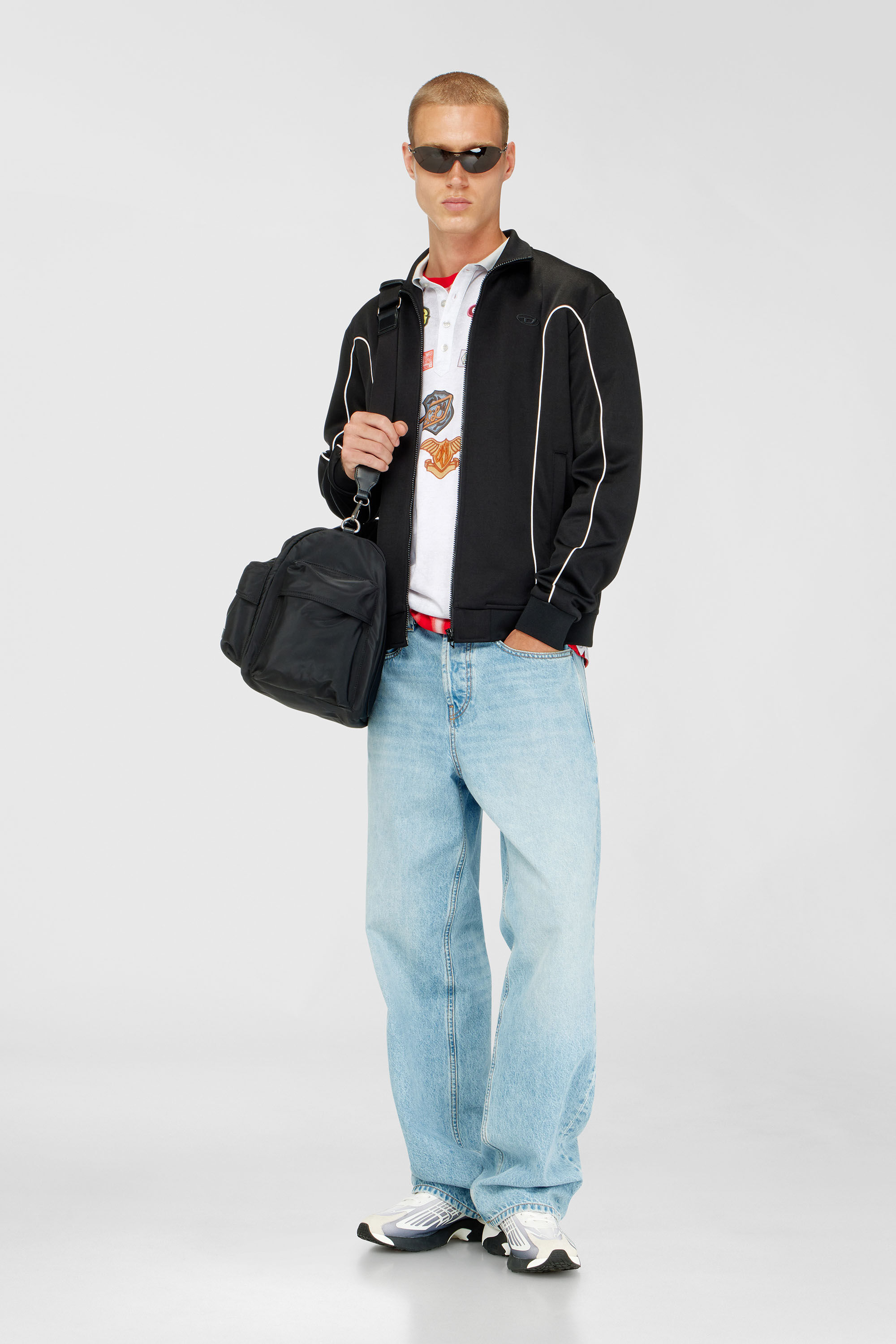 Diesel - S-LOCKING-DO, Veste de surv&ecirc;tement en tissu molletonn&eacute; avec passepoil contrastant Homme in Noir - 1