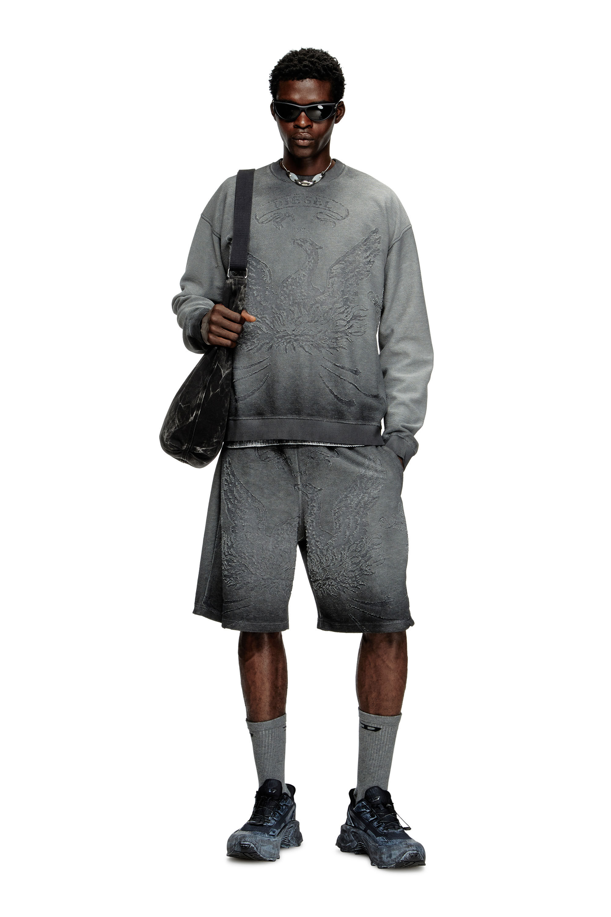 Diesel - S-ARON, Sweat-shirt délavé avec logo du phénix en dévoré Homme in Gris - 1