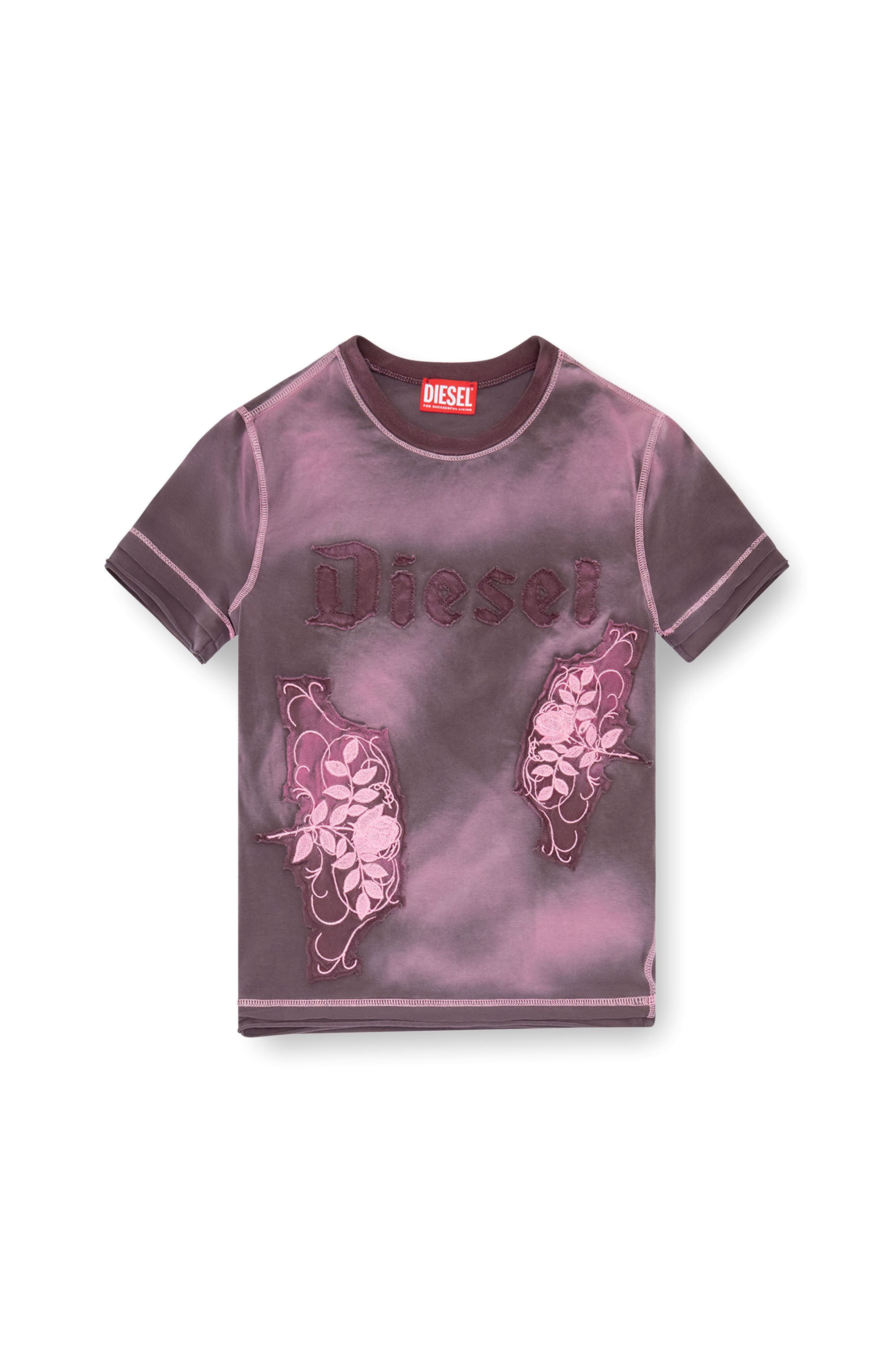 Diesel - T-UNCUT, Femme T-shirt avec empiècements fleuris brodés in Violet - Image 2