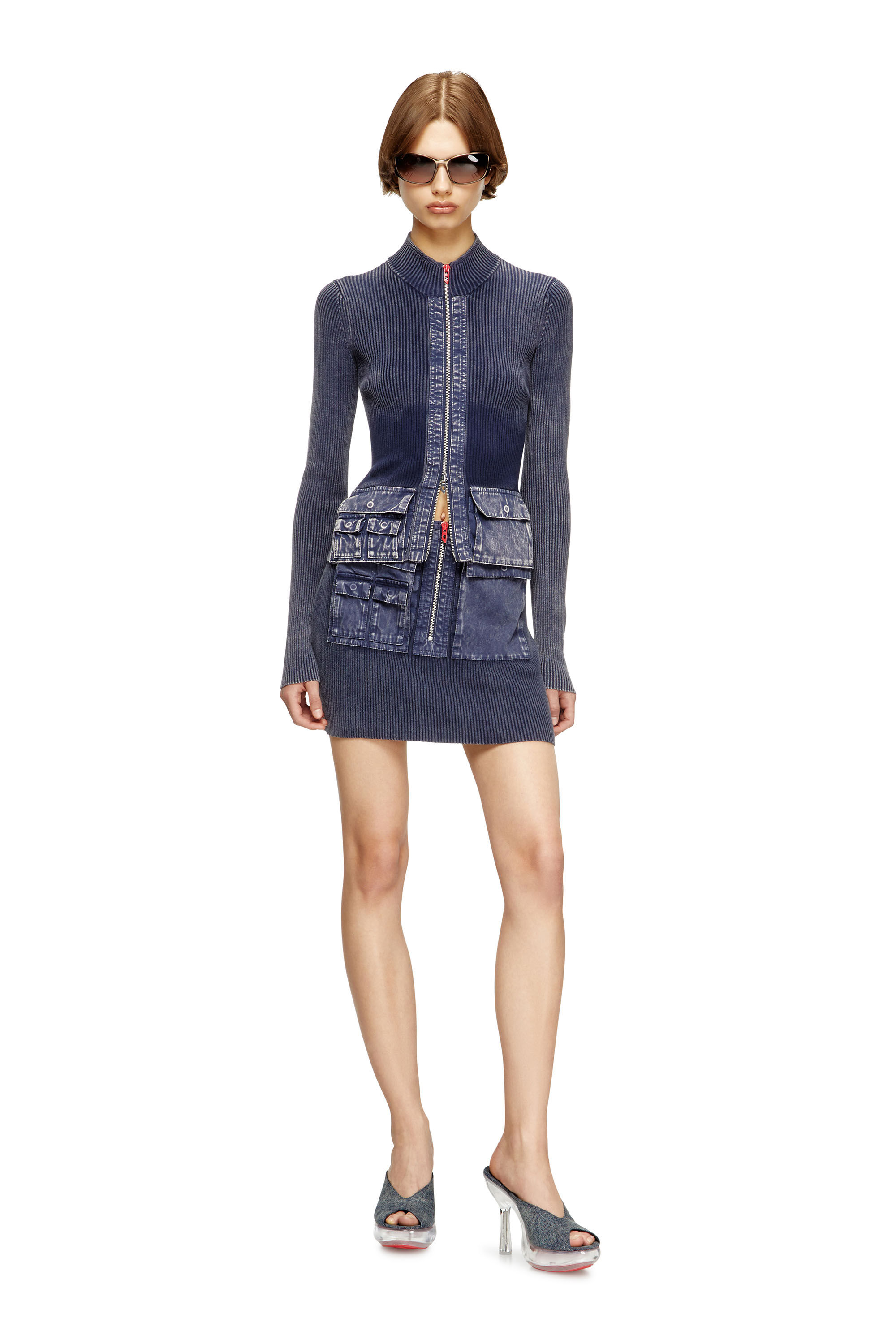 Diesel - M-MERYN-SHORT, Mini-jupe côtelée avec traitement denim Femme in Bleu - 1