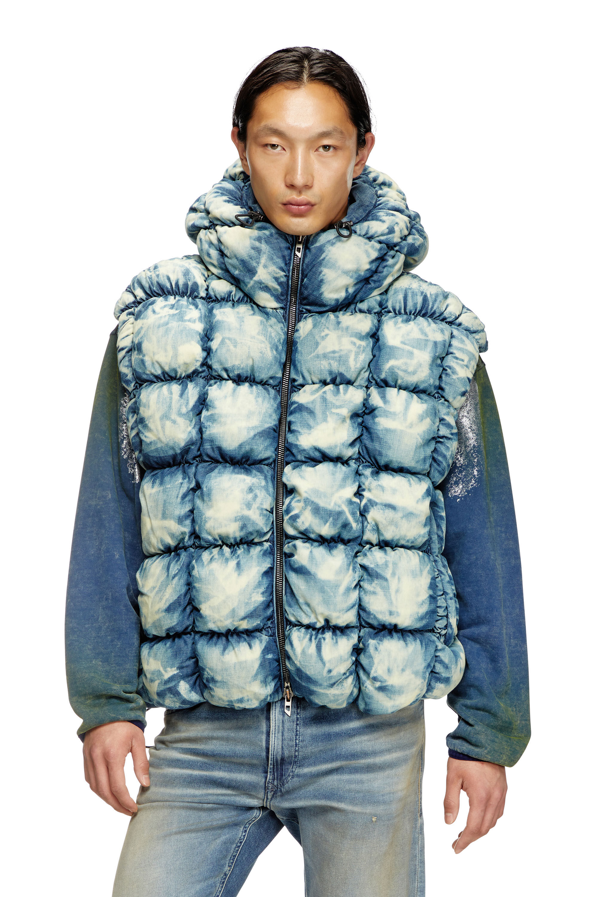 Diesel - W-THYS, Gilet doudoune en denim tie-dye Mixte in Bleu - 3
