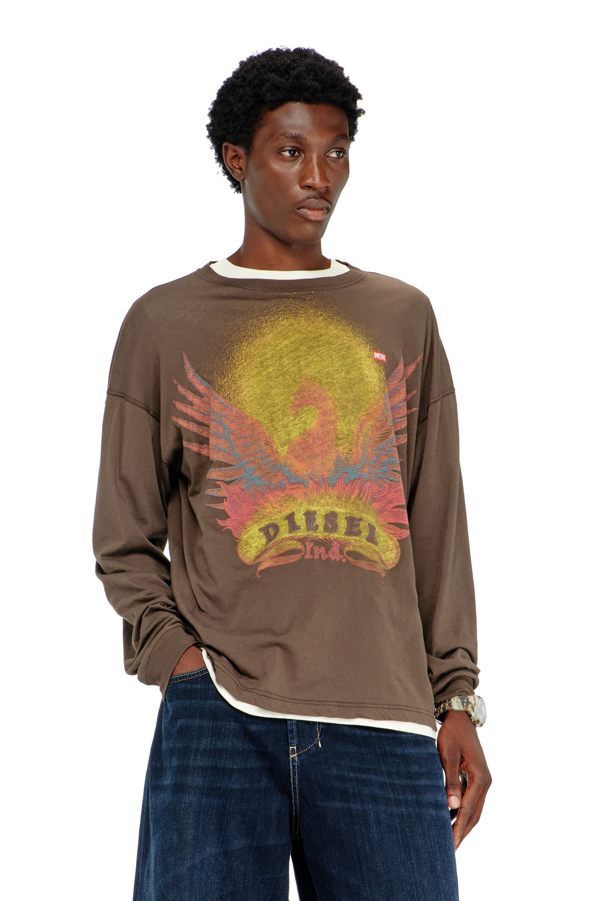 Diesel - T-BOXT-LS-AA1, T-shirt &agrave; manches longues avec motif Phoenix Homme in Marron - 3