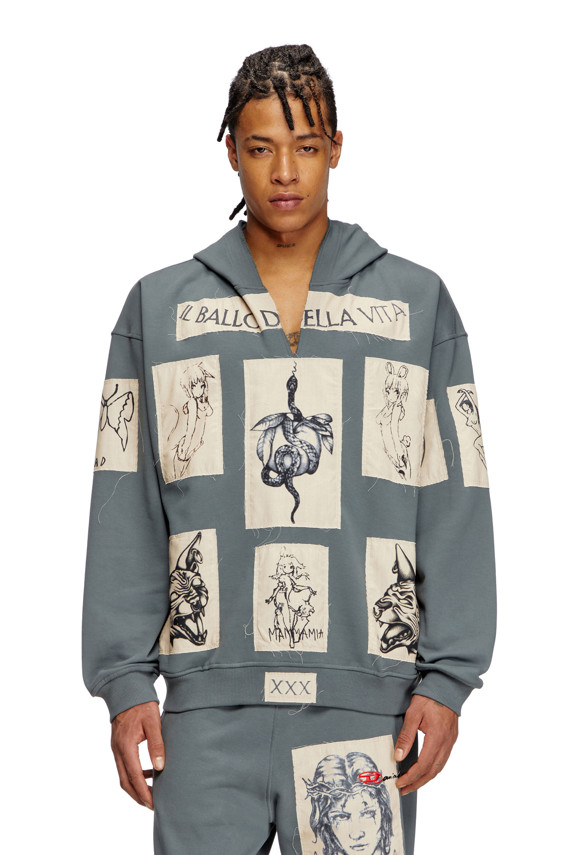 Diesel - S-BOXT-HOOD-DD, Sweat-shirt à capuche avec empiècements tatouage Mixte in Gris - 3