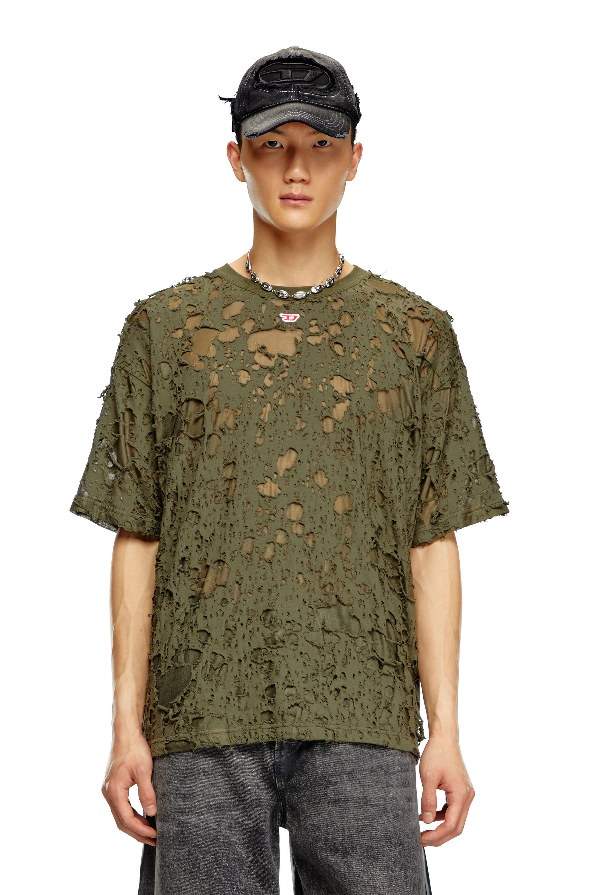Diesel - T-BOXT-Q3, T-shirt superposé avec finition dévorée Homme in Vert - 3
