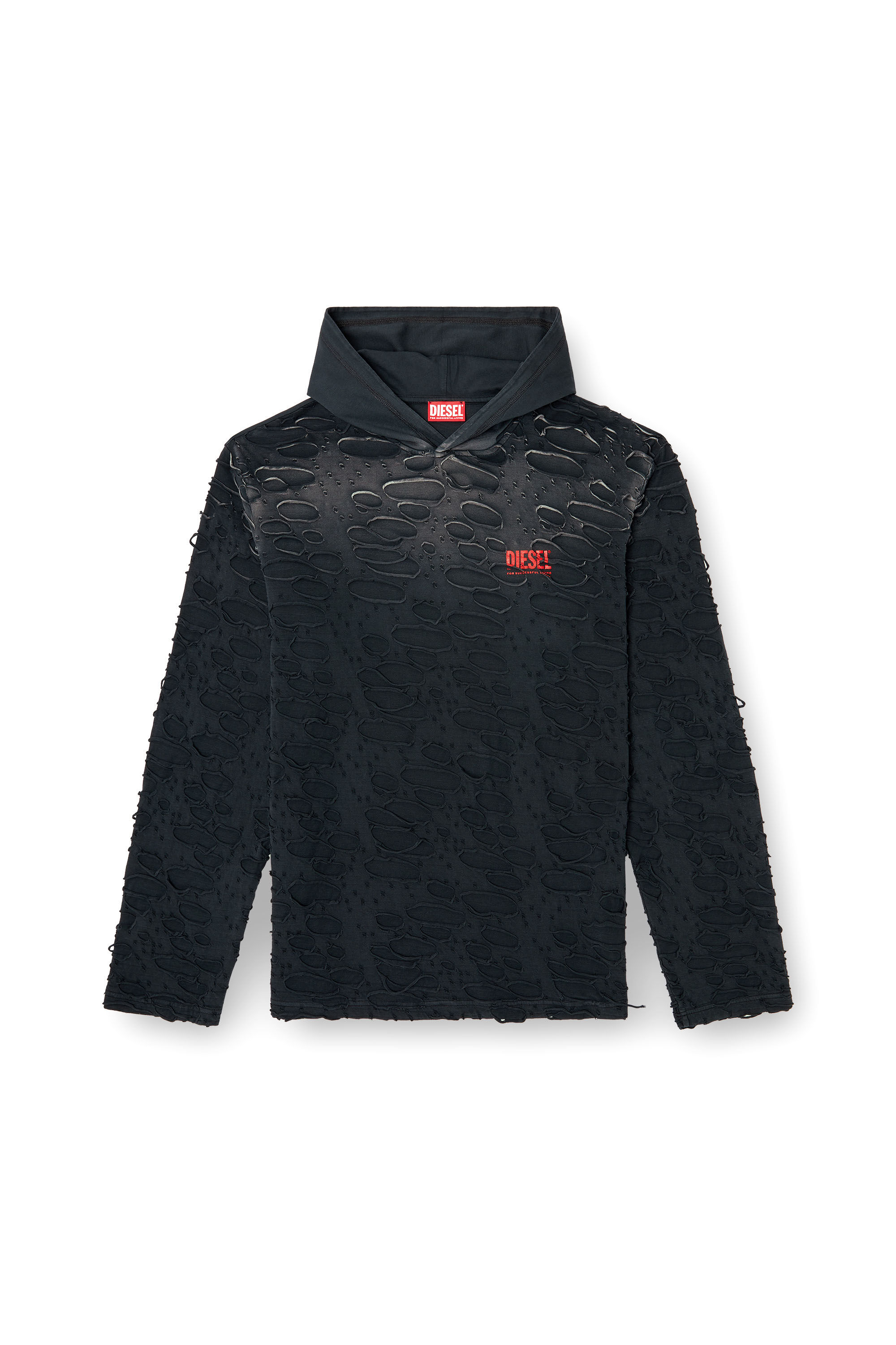 Diesel - T-CRANE-LS-HOOD, T-shirt à capuche et manches longues avec trous Homme in Noir - 2