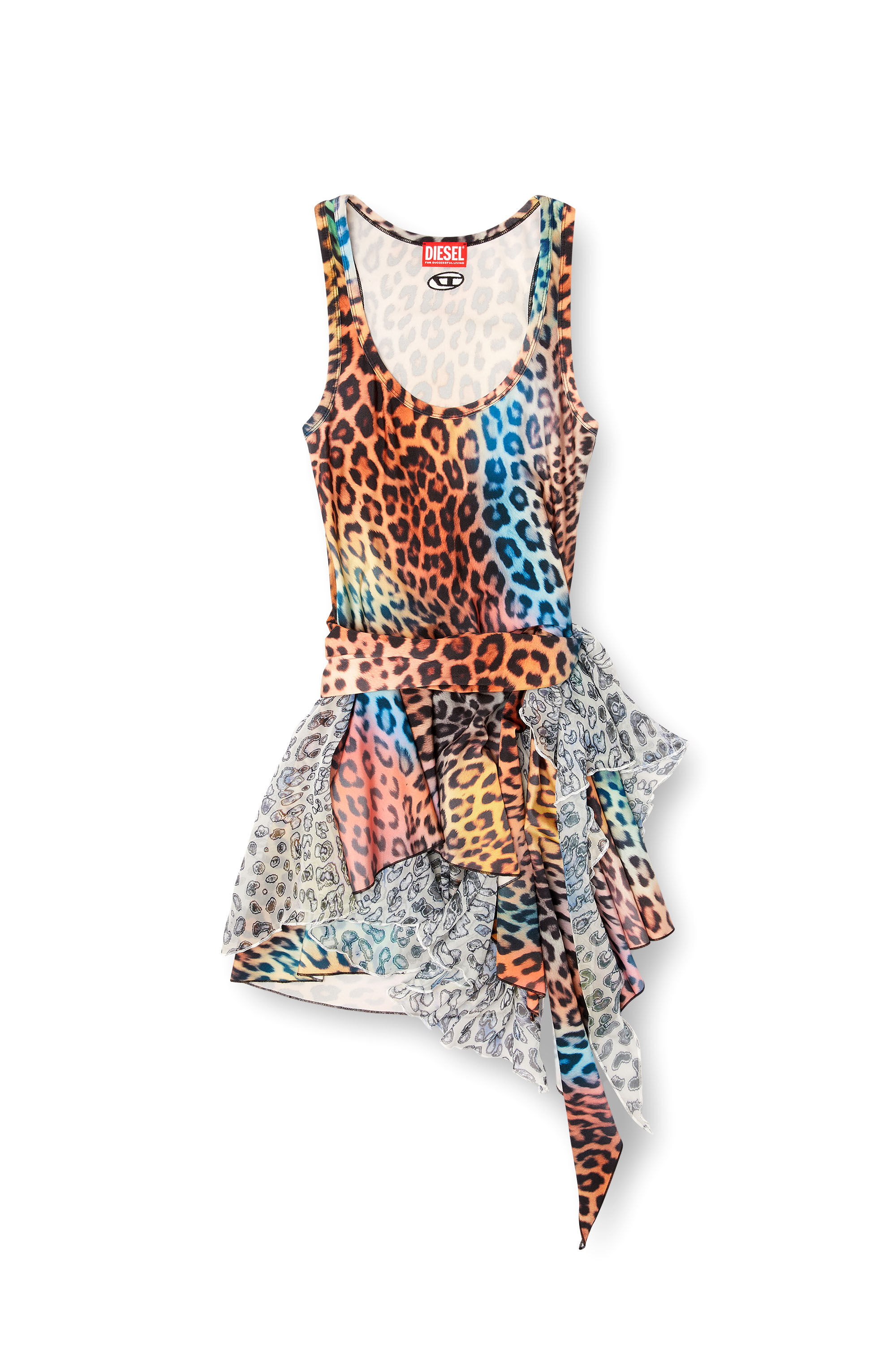 DIESEL>>ディーゼル D-Opera-Q1 ショート アシンメトリー ドレス Women's Short asymmetric dress with leopard print | Brown