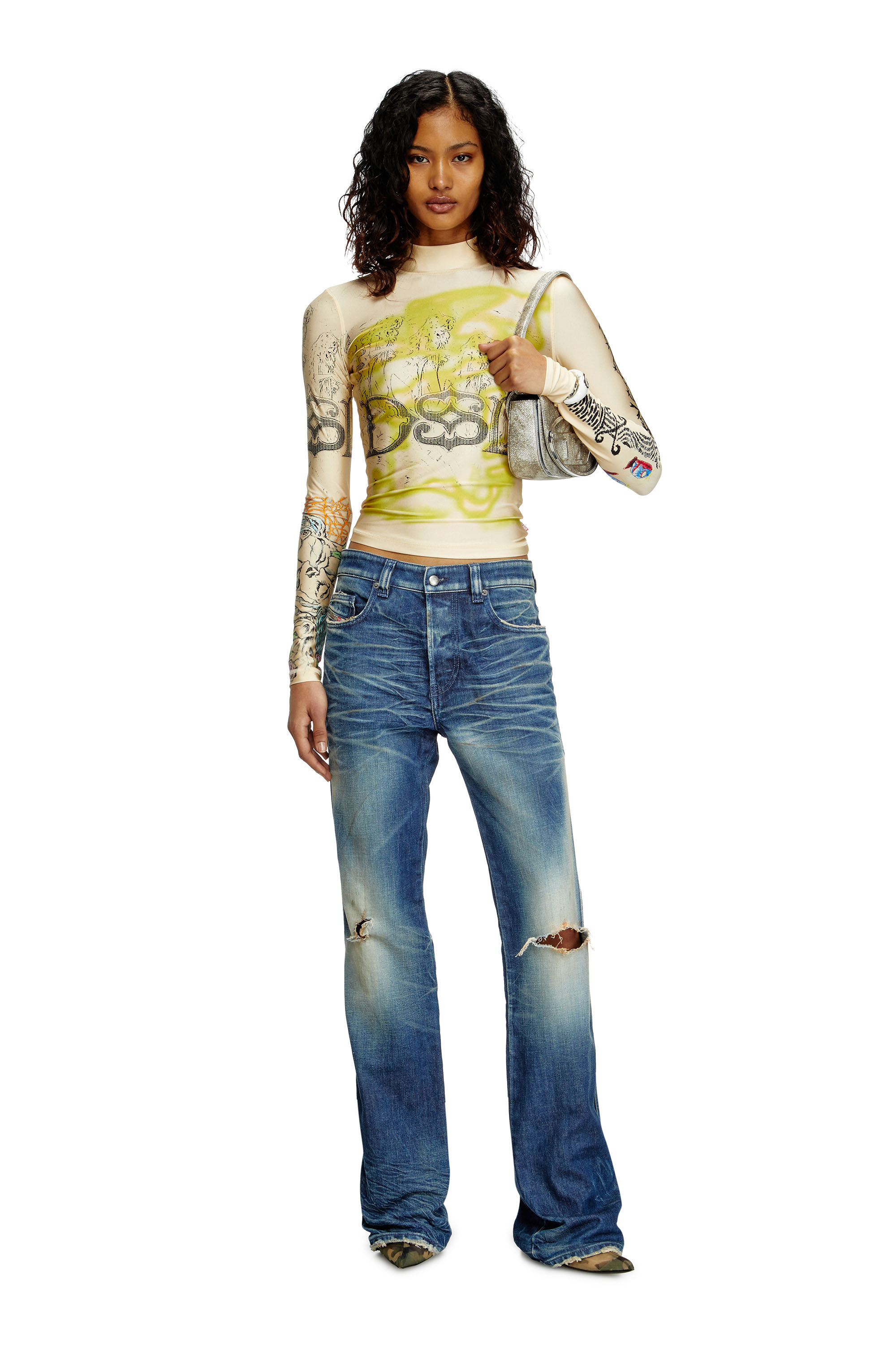 Diesel - T-IMUN, Top à col roulé avec imprimé tatouage Femme in Beige - 1