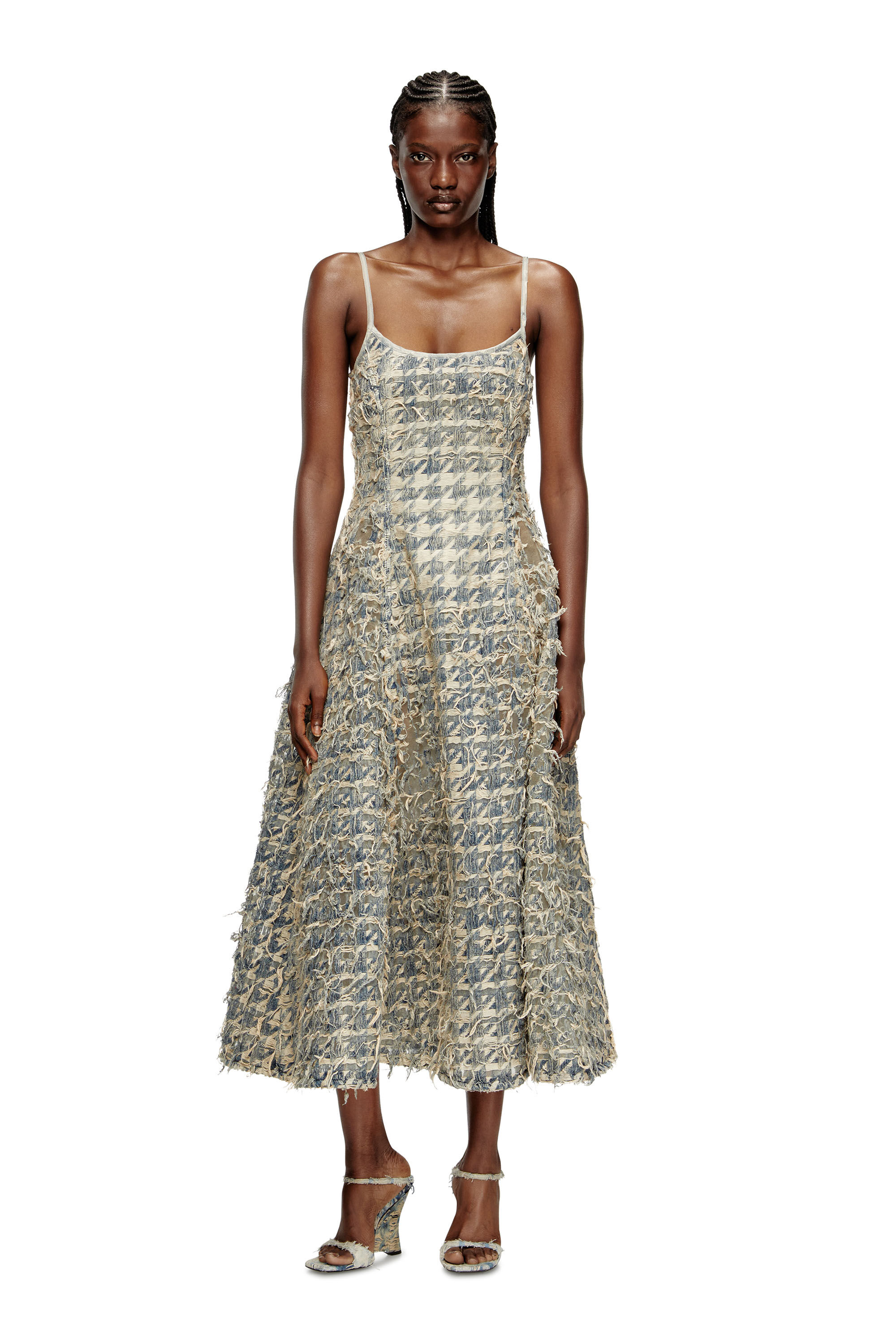 Diesel - DE-SWEENEY-LONG-FSH, Jupe longue en denim motif pied-de-poule dévoré Femme in Bleu - 1