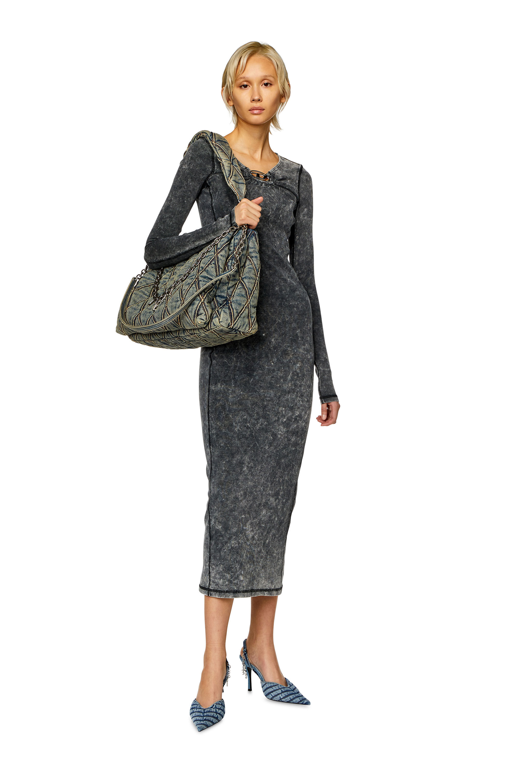 Robe midi cotelee avec plaque Oval D Femme Gris Diesel