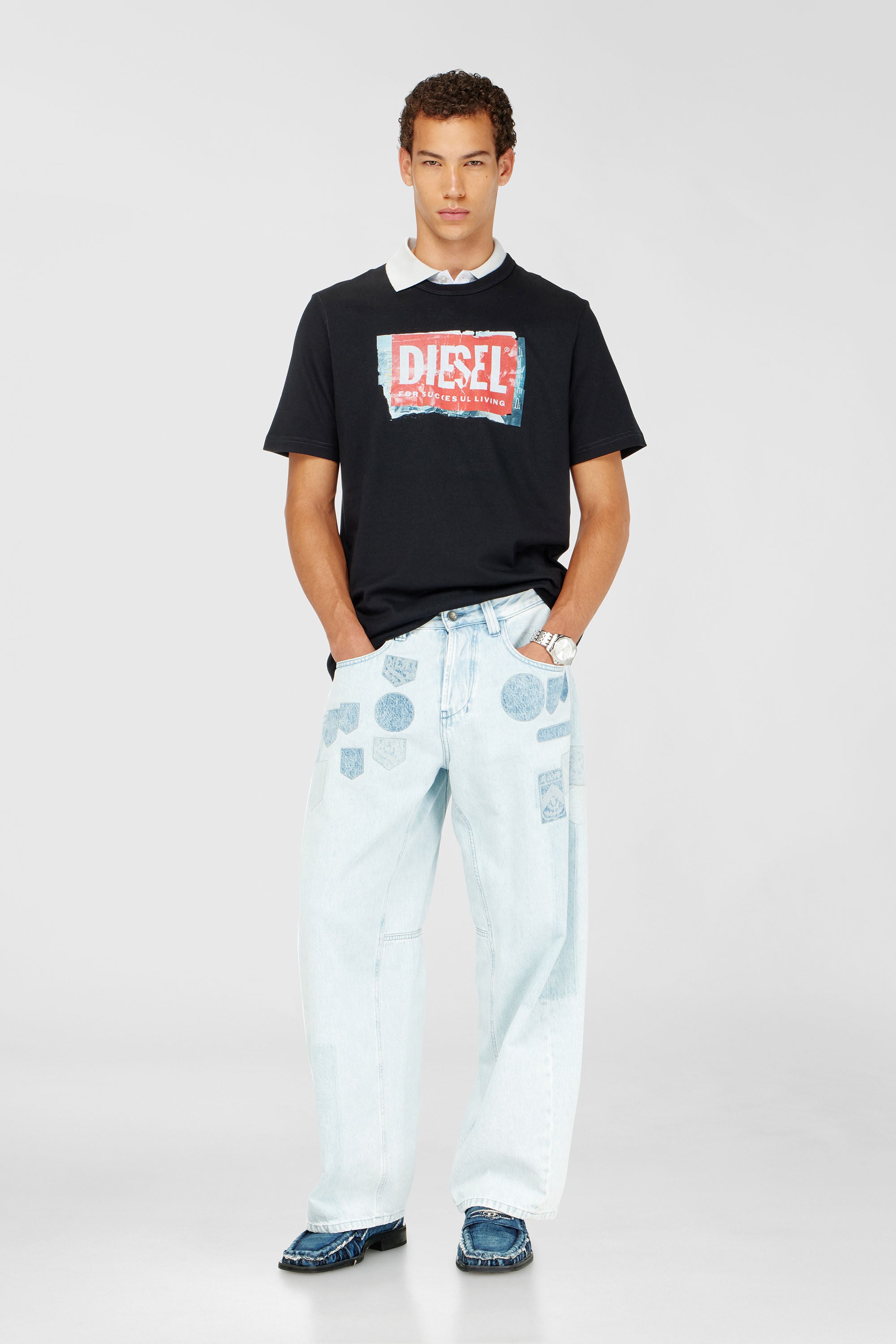 Diesel - T-ADJUST-Q6, T-shirt avec logo effet froiss&eacute; Homme in Noir - 1