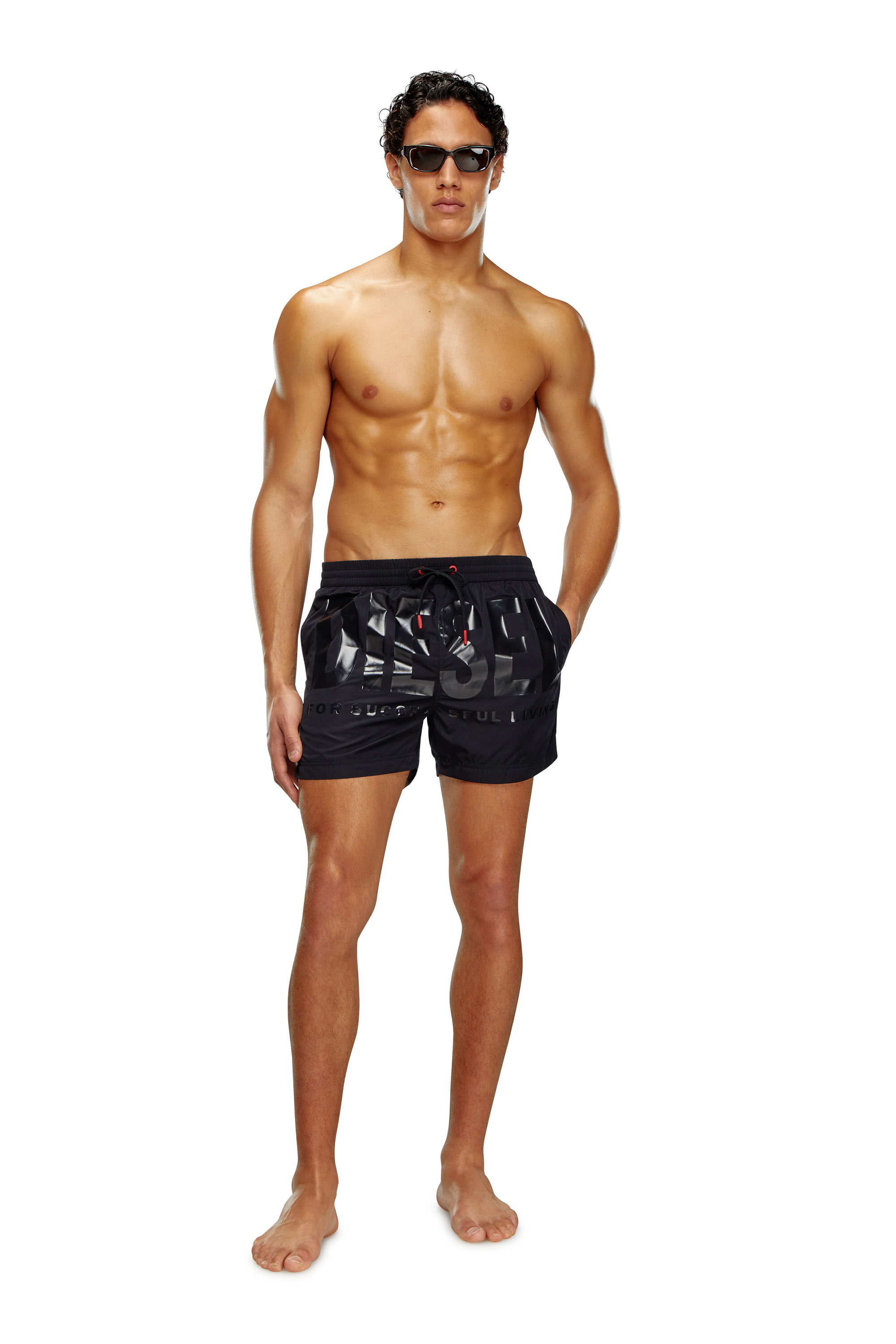 Men's Mid-length swim shorts with denim print | Black | Diesel