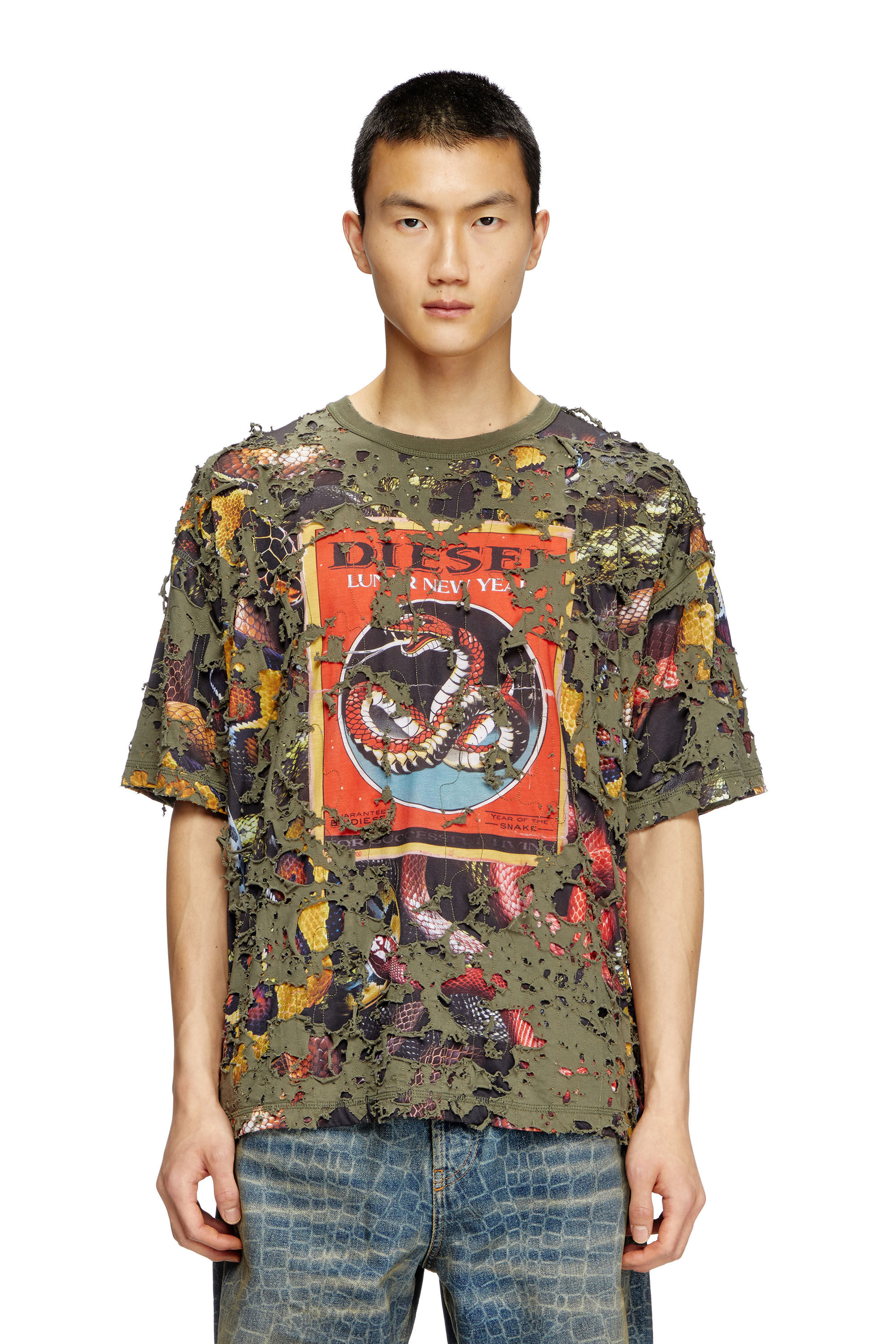 Diesel - CL-T-BOXT-DEVOR-SNAKE, T-shirt à imprimé serpent avec superposition effet destroy Mixte in Vert - 3