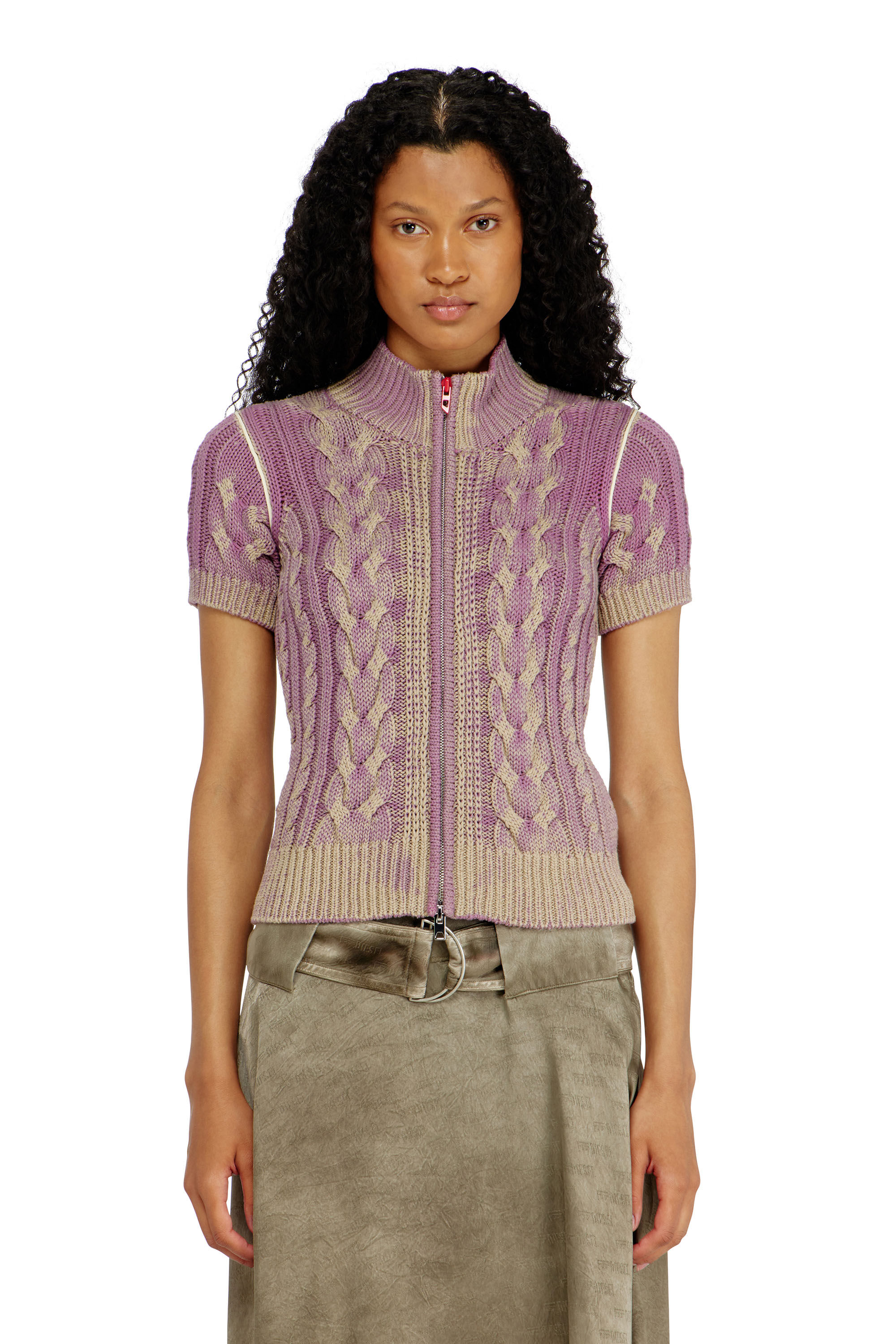 Diesel - M-ELANA, Woman's Short-sleeve zip cardigan in cable knit in Violet - 3