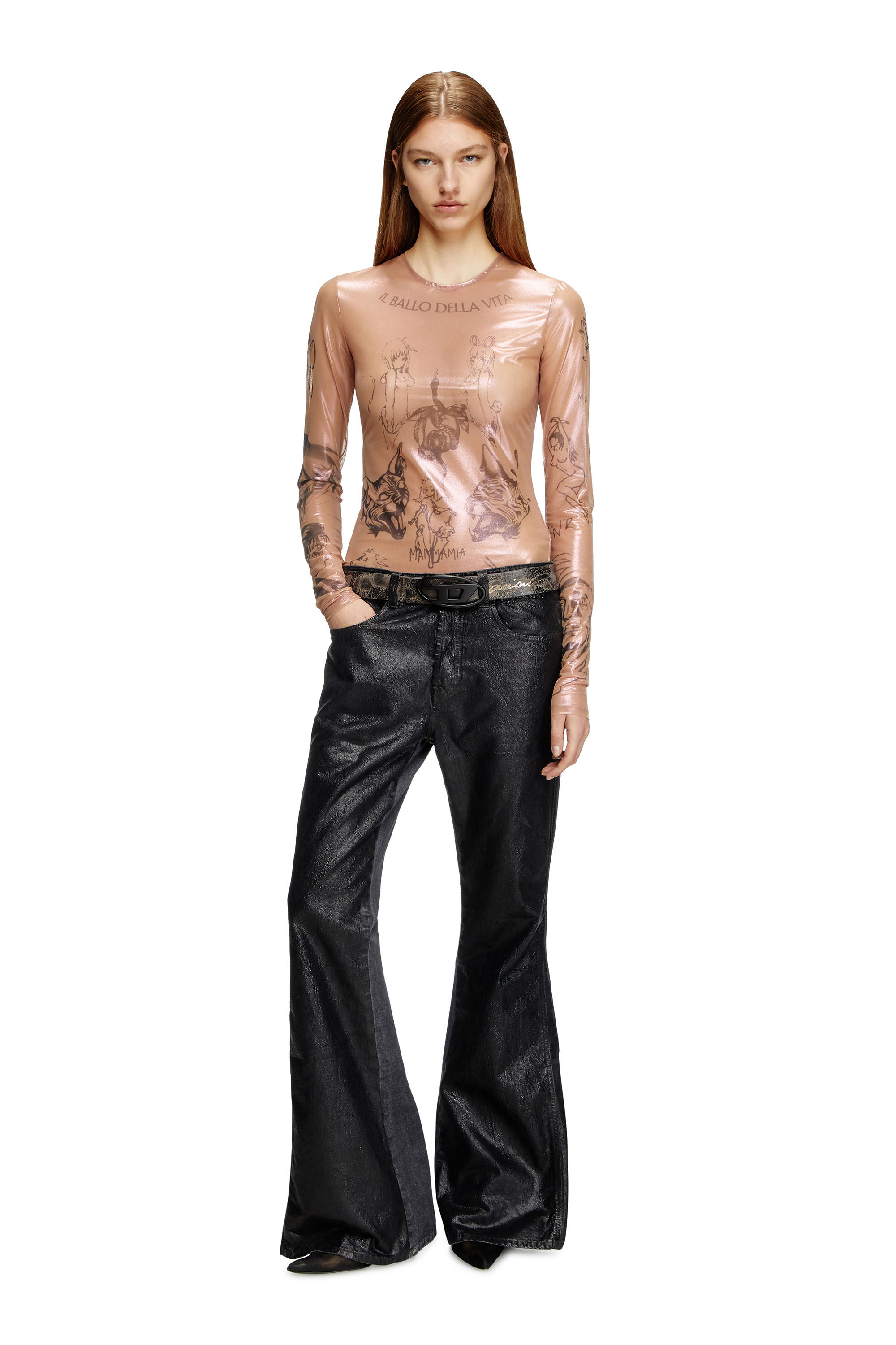 Diesel - T-CLAUDE-DD, Top tatouage en tulle stretch enduit Mixte in Rose - 7