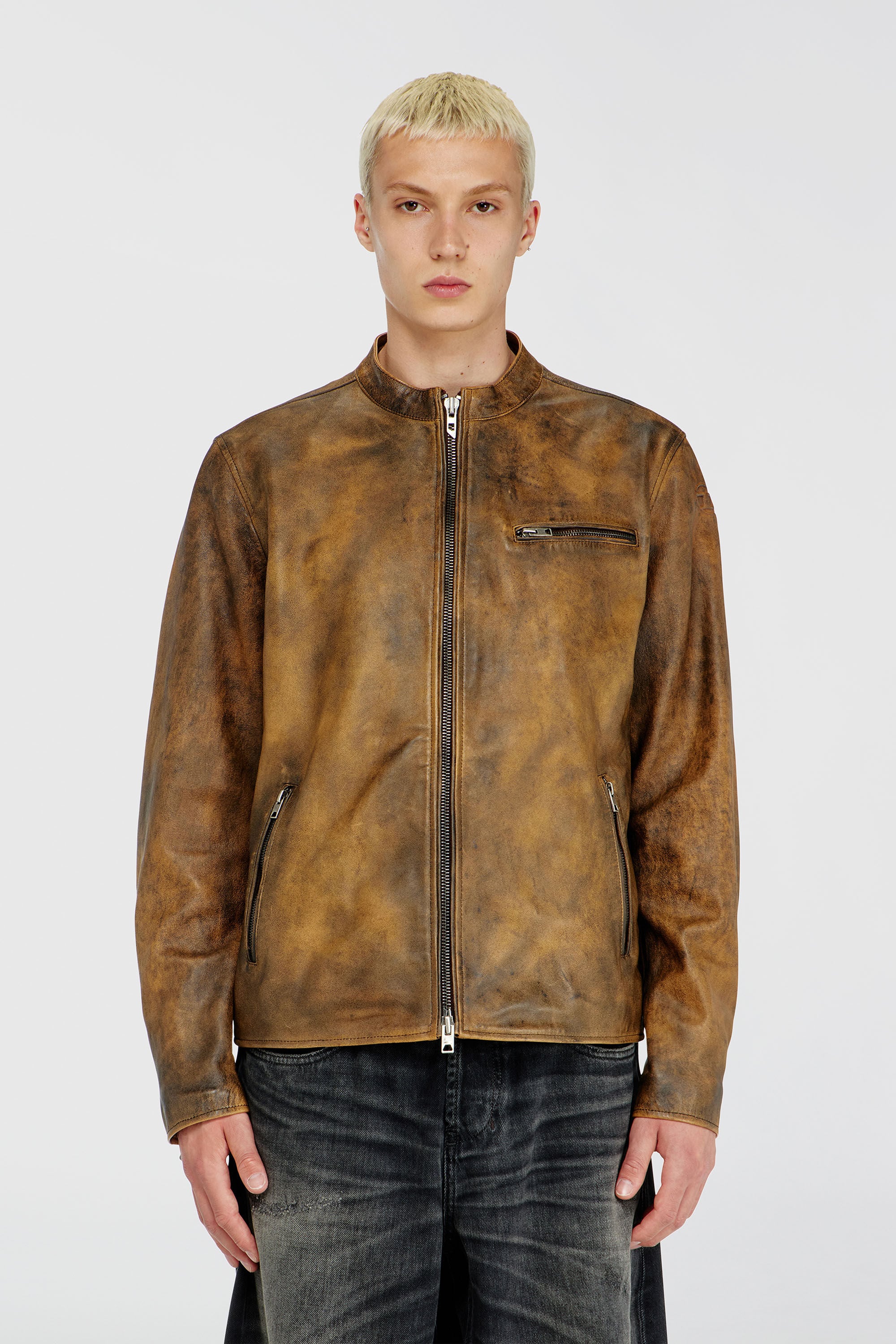 Diesel - L-ZAD-KNCZ, Biker jacket en cuir trait&eacute; Homme in Marron - 3