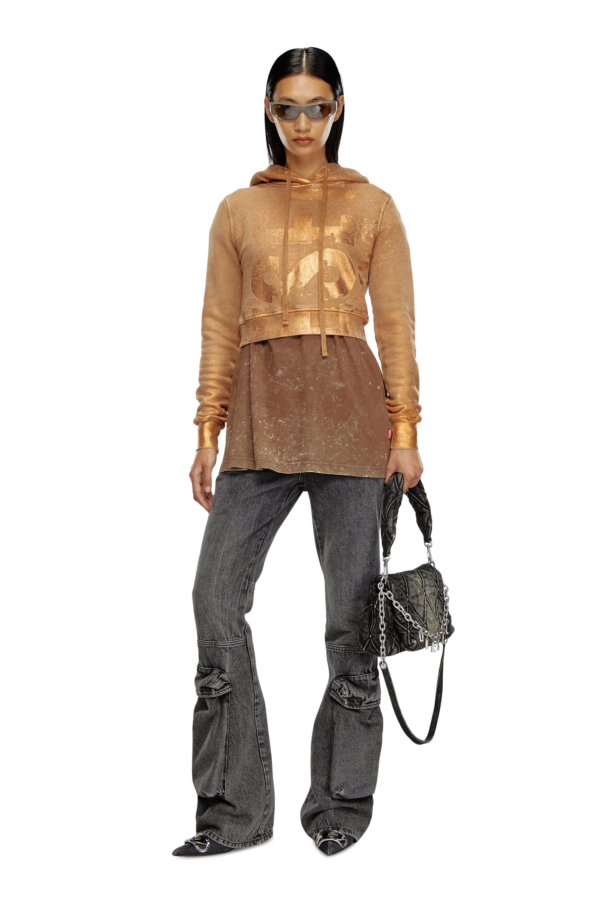 Diesel - F-SLIMMY-HOOD-P6, Sweat-shirt à capuche crop avec effets métallisés Femme in Marron - 1
