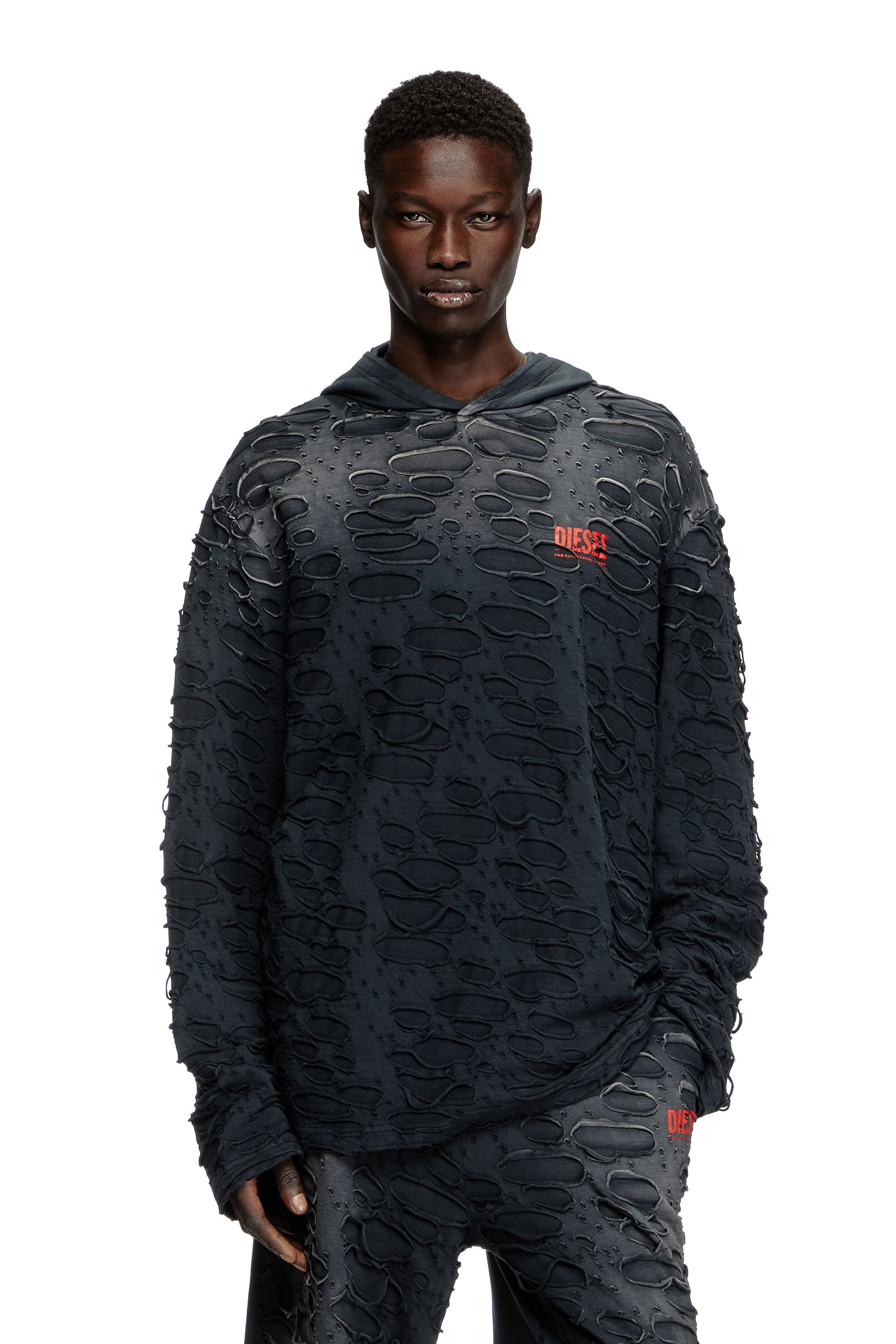 Diesel - T-CRANE-LS-HOOD, T-shirt à capuche et manches longues avec trous Homme in Noir - 3