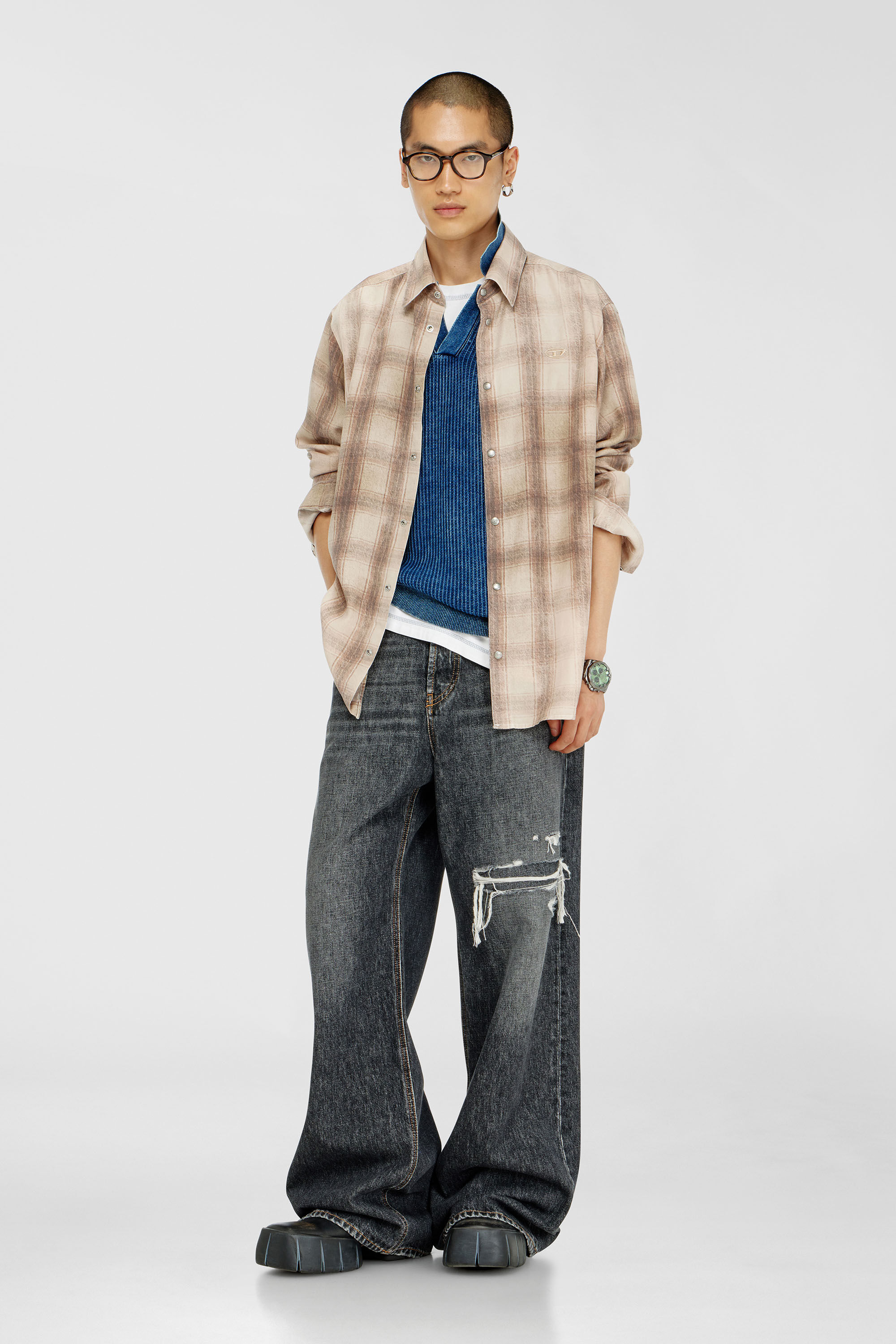 Diesel - S-SIMPLY-JMCM, Chemise &agrave; carreaux en tissu fluide Homme in Marron - 1