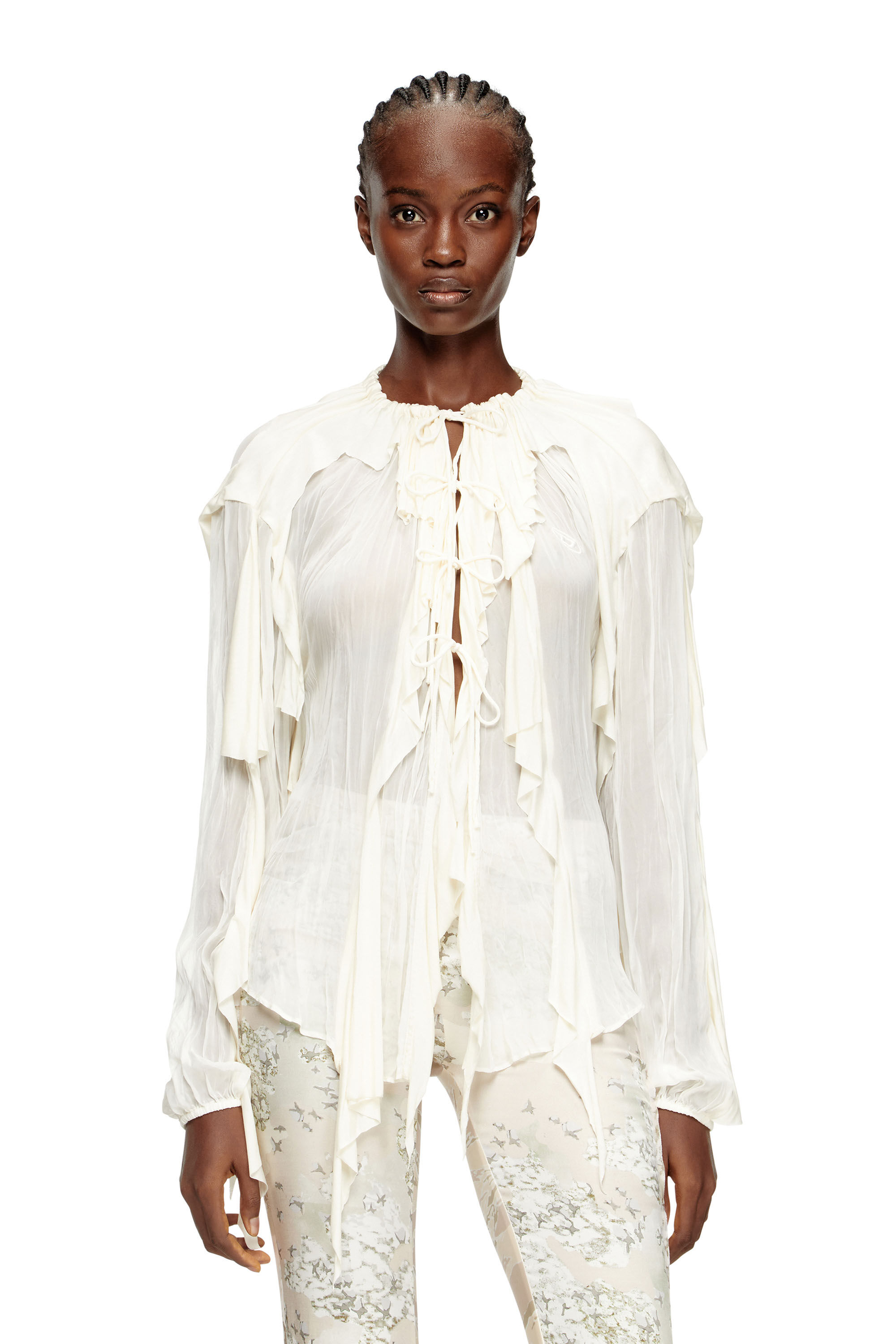 Diesel - C-LASSY, Chemisier à volants en mousseline froissée Femme in Blanc - 3