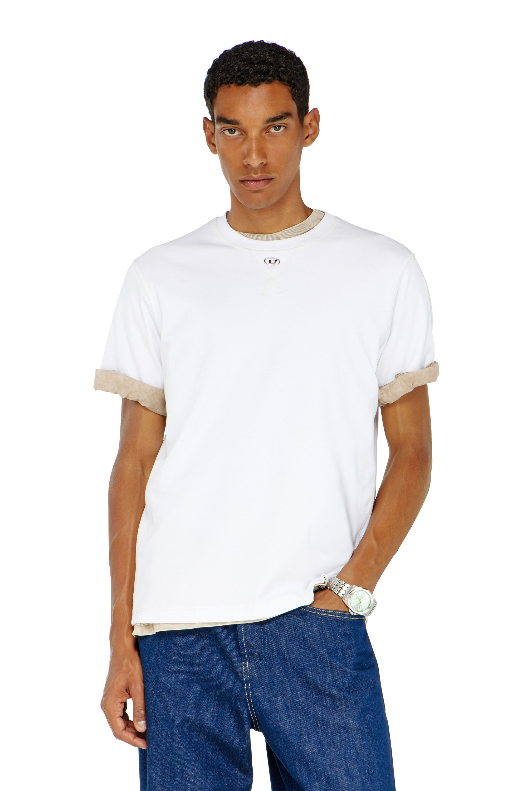 Diesel - T-MADJUST-TR, T-shirt r&eacute;guli&egrave;re avec col rond et Oval D Homme in Blanc - 3