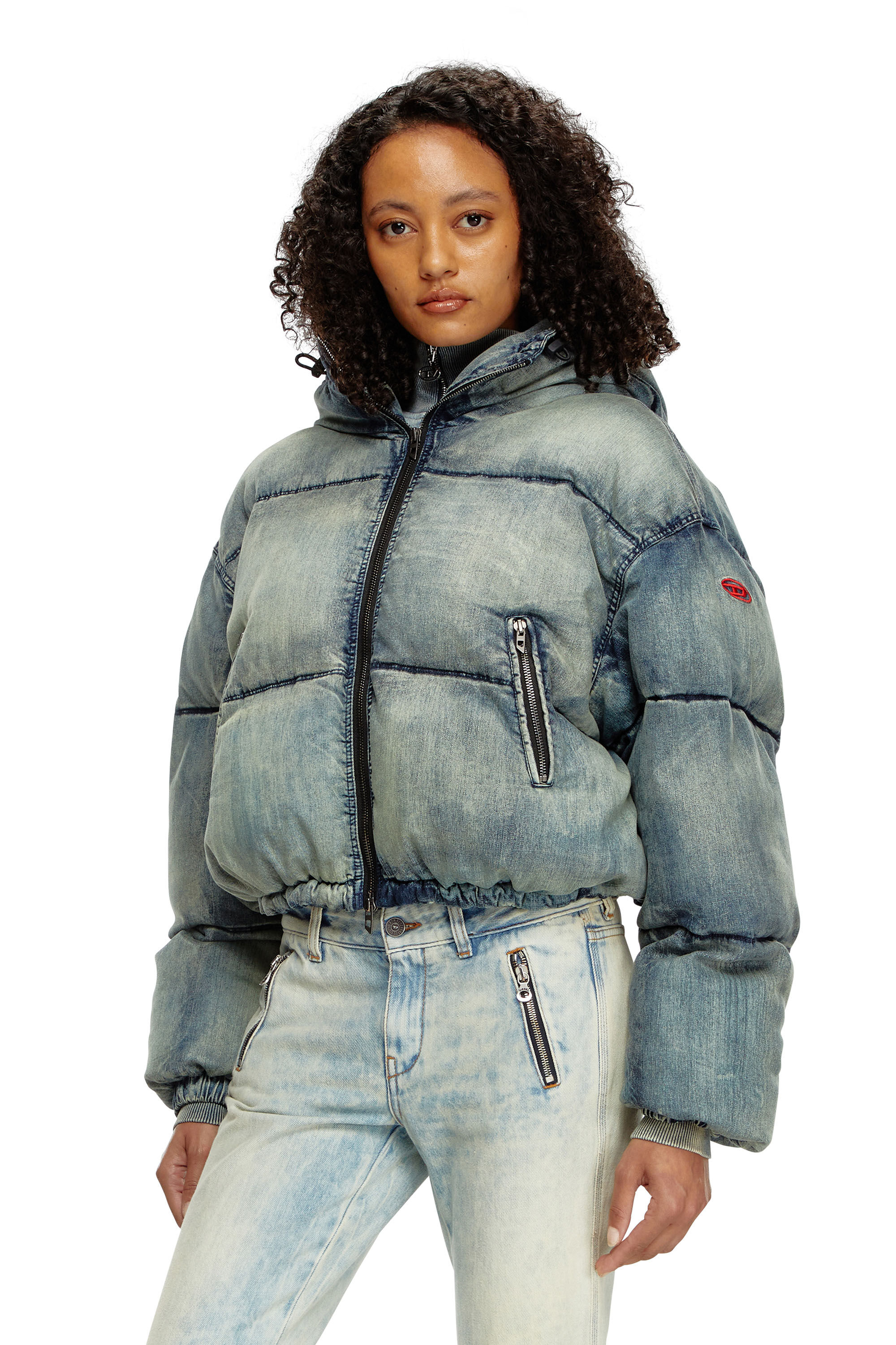 Women's Cropped hooded puffer jacket in denim | Blue | Diesel Women's Cropped hooded puffer jacket in denim | Blue | Diesel