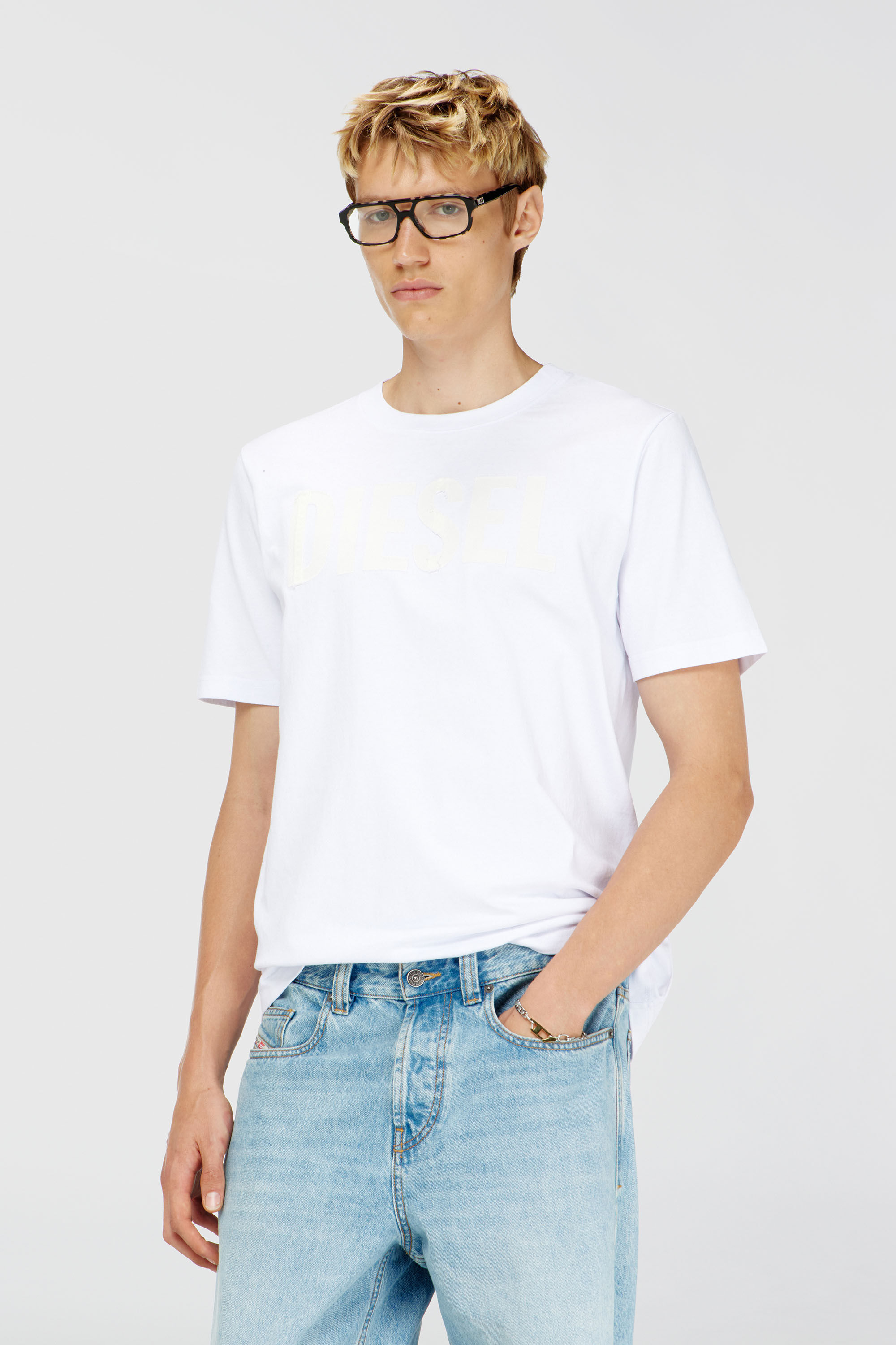 Diesel - T-JUST-APP-T92, Man's Cotton T-shirt with tonal Diesel logo print in White - 3