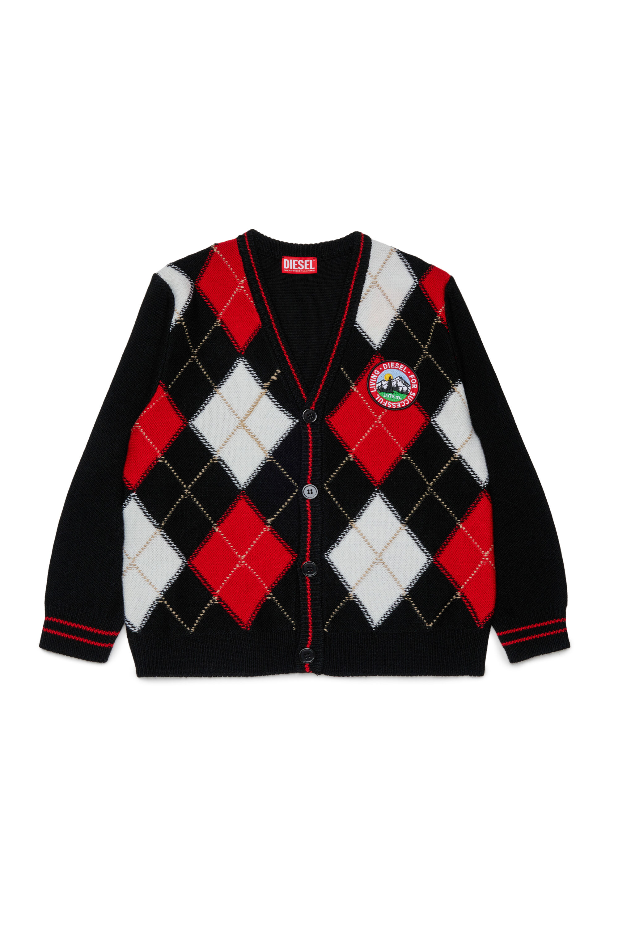 Diesel - KROMYCARDIGAN OVER, Cardigan en laine m&eacute;lang&eacute;e &agrave; motif argyle Mixte in Noir - 1