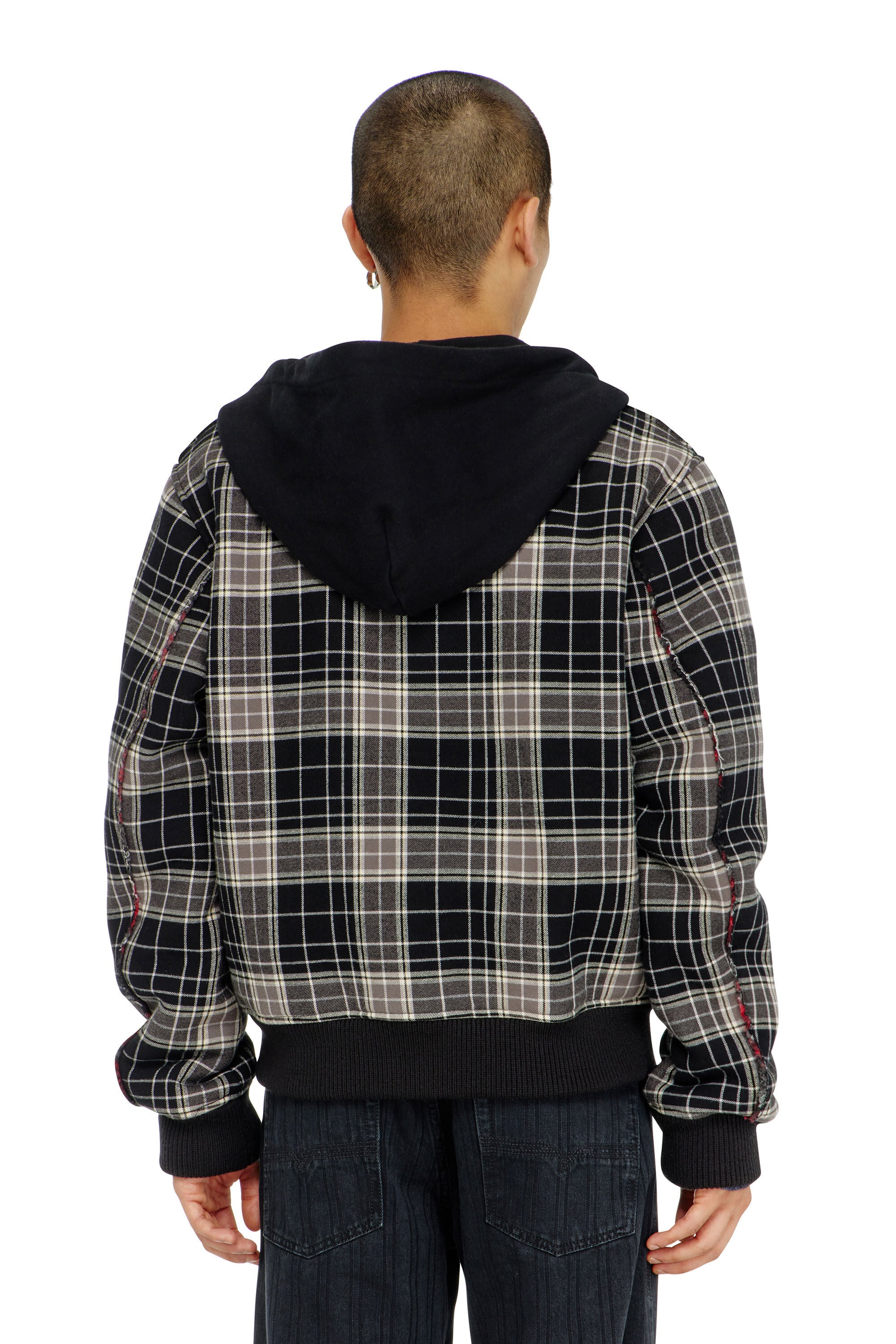 Diesel - W-KUNST, Man's Check-flannel bomber jacket with teddy interior in Grey/Black - 4