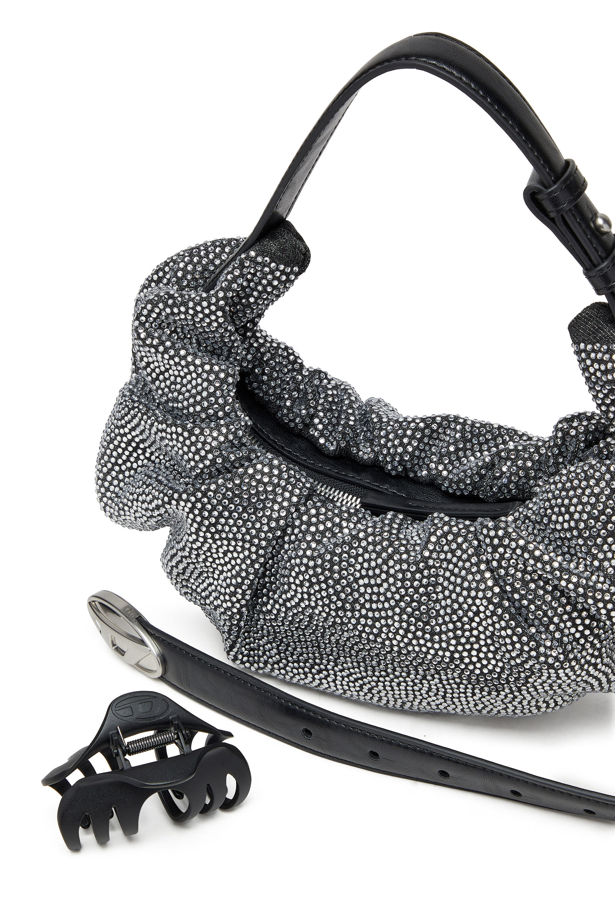 Diesel - GRAB-D HOBO S, Petit sac hobo froissé en denim à cristaux Femme in Noir - 2
