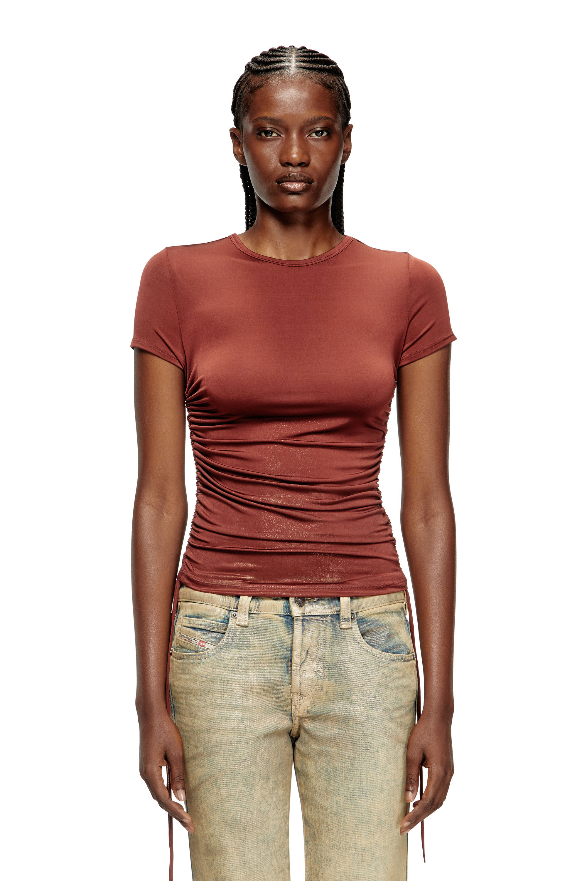 Diesel - T-REY, Haut en jersey avec cordon de serrage sur les côtés. Femme in Marron - 3