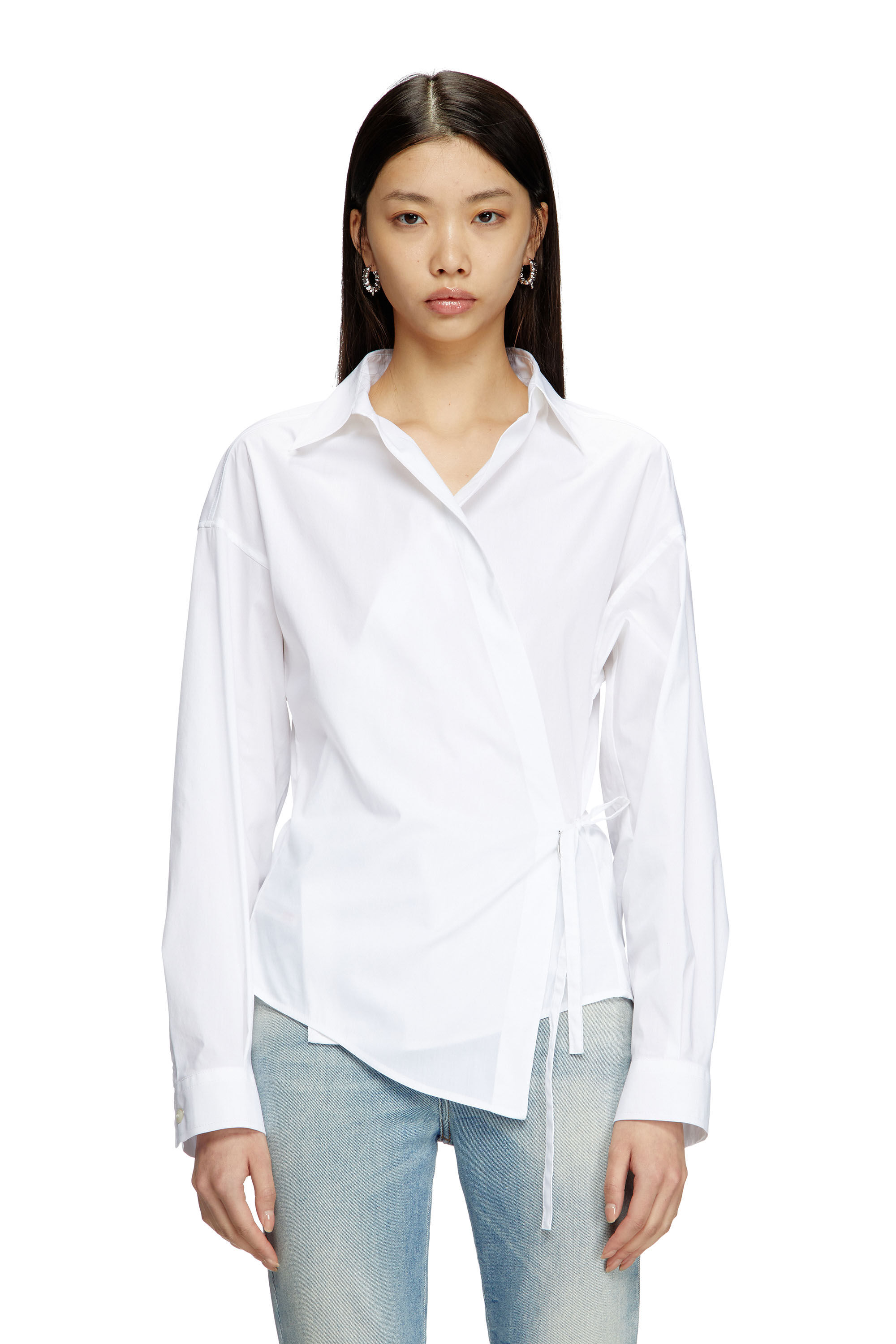 DIESEL ディーゼル SS25 'C-Delphi' shirt (A168440IMAL 100) Women's Wrap shirt with logo charm | White | Diesel