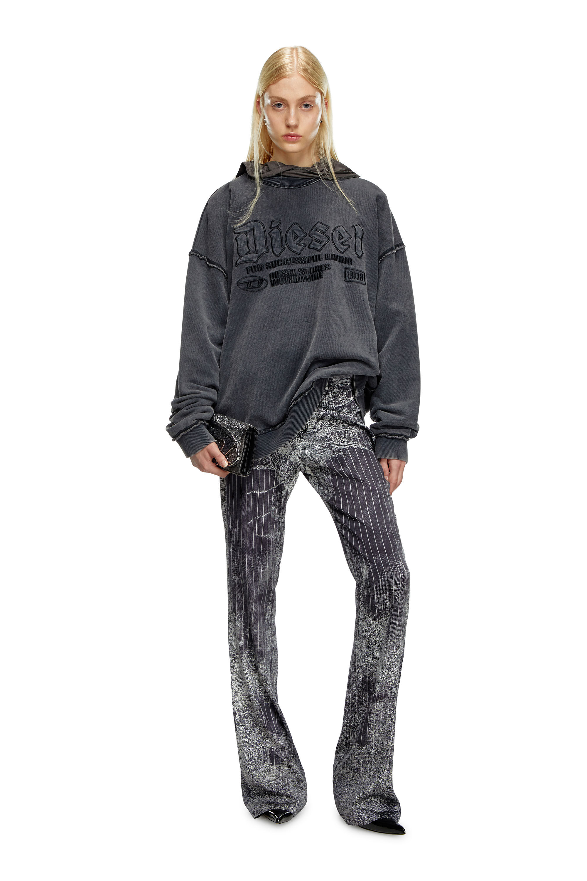 Pantalon bootcut en satin a imprime fines rayures Femme Noir Diesel