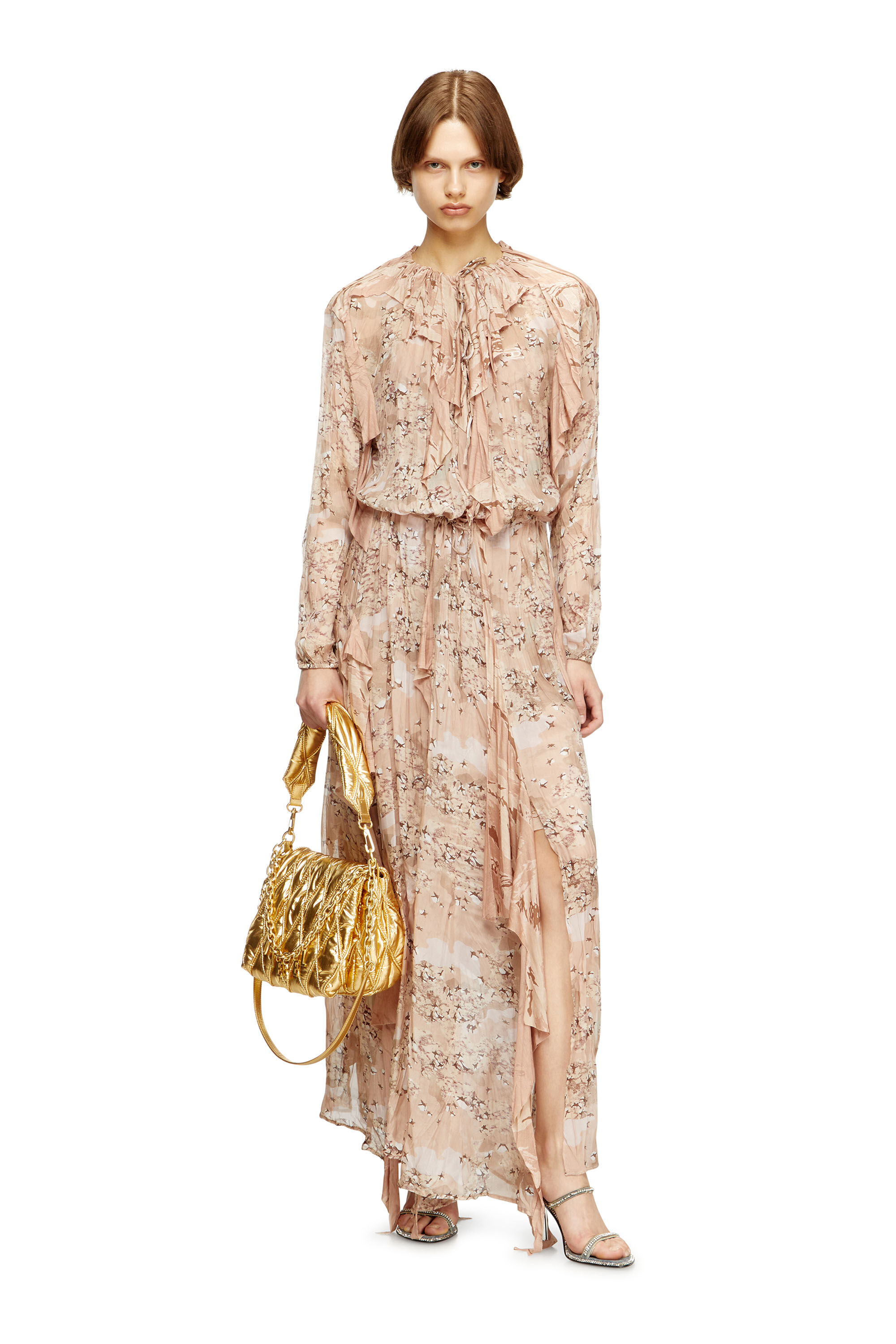 Diesel - D-AZZLING-R1, Maxi robe froufrous en mousseline camouflage Femme in Rose - 1
