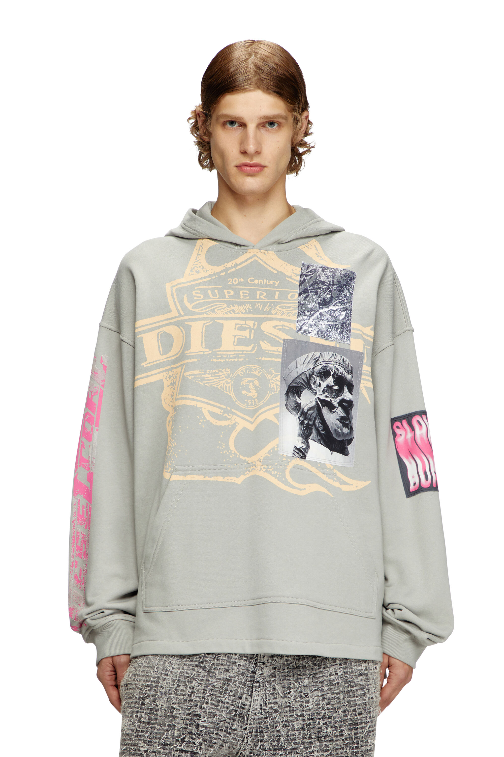 Diesel - S-BAXT-HOOD-R1, Sweat-shirt à capuche avec imprimés et empiècements à logo Homme in Gris - 3