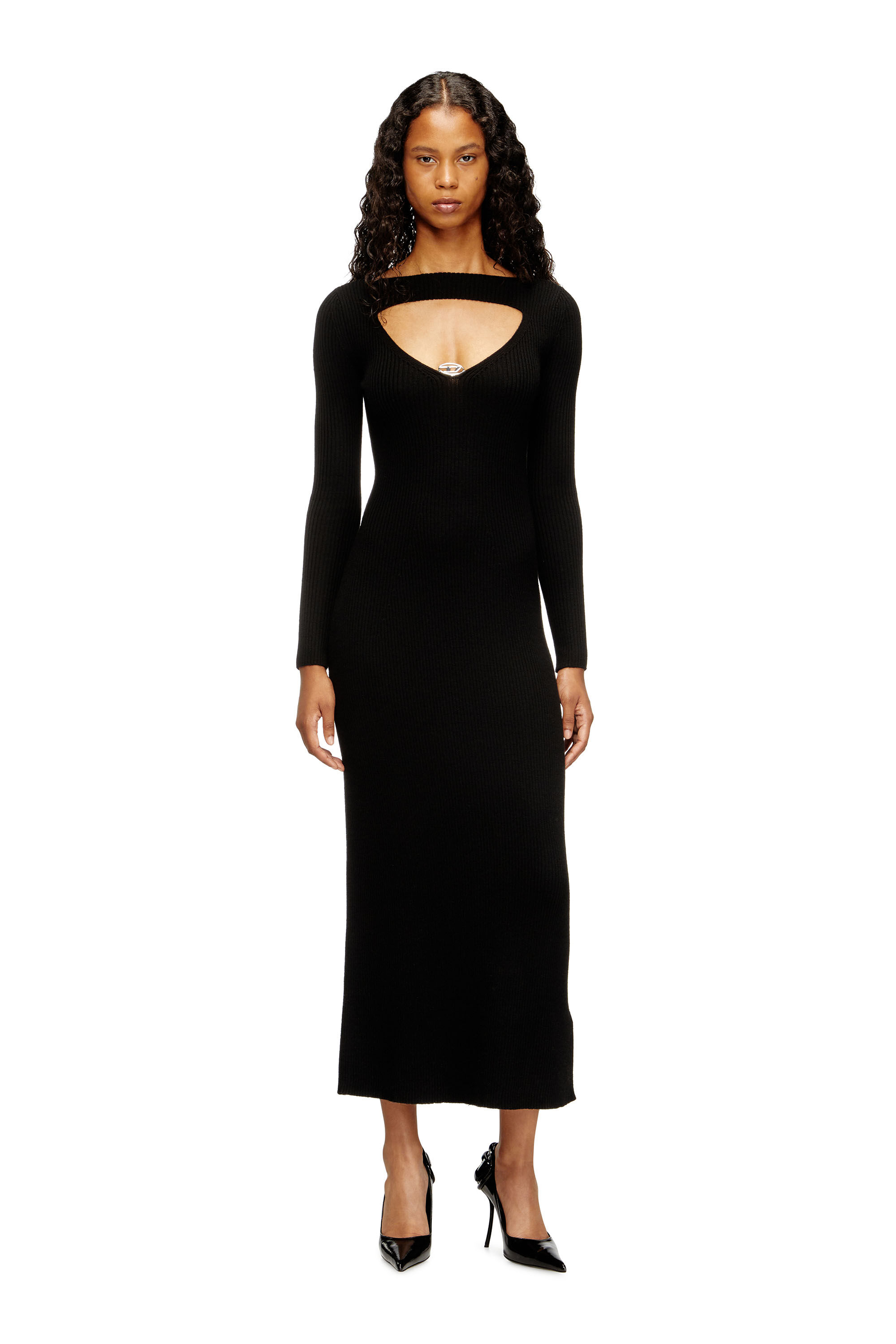 Diesel - M-OLONI, Woman's Midi wool dress with inlay in Black - 3
