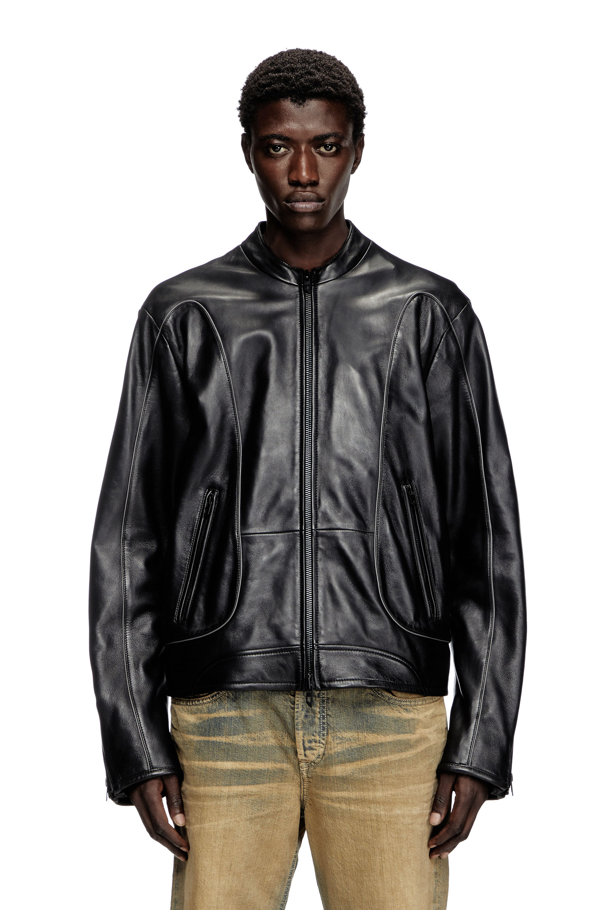 Men's Leather biker jacket with piping detail | Black | Diesel