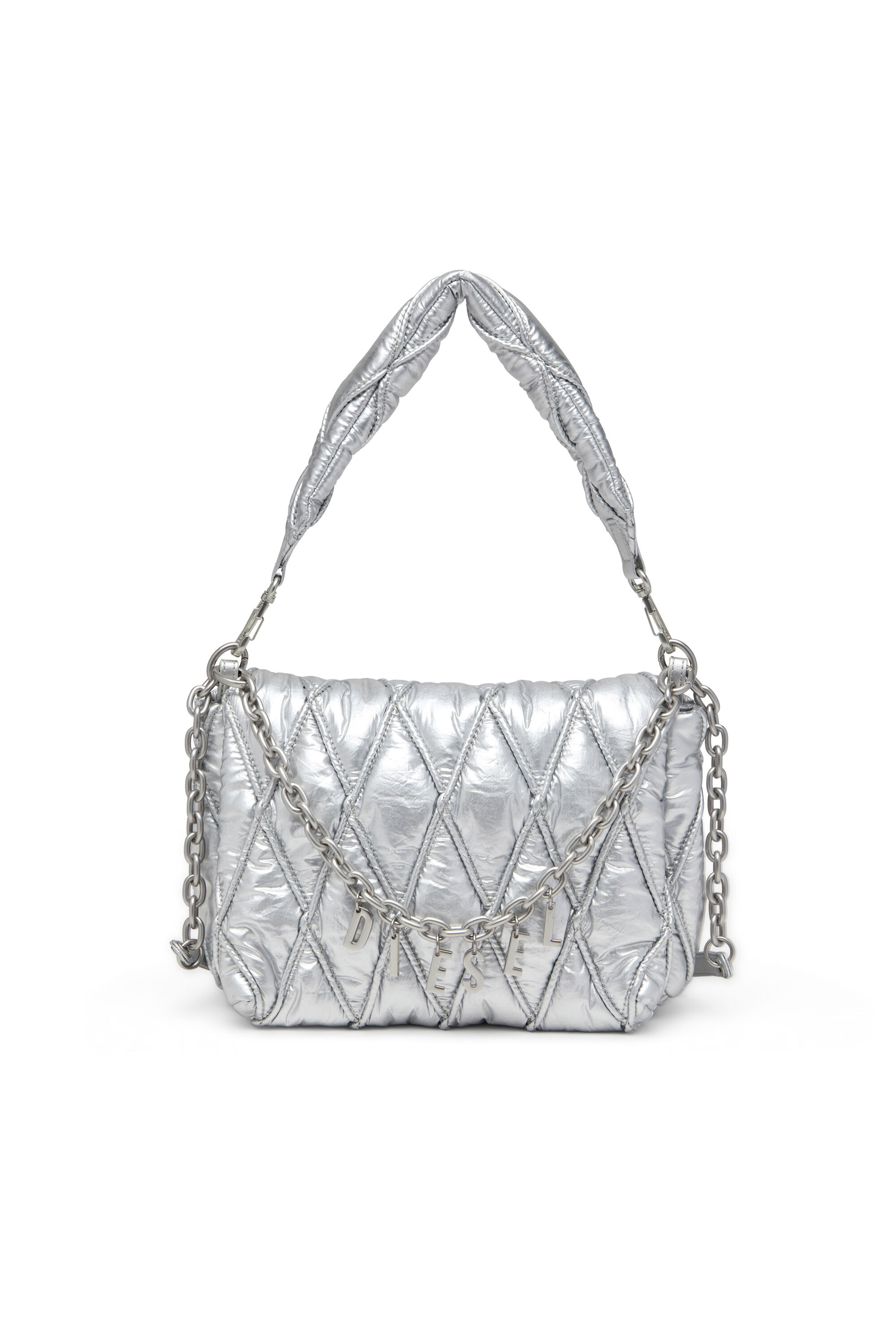 Diesel - CHARM-D SHOULDER M, Charm-D M-Sac à bandoulière en nylon métallisé matelassé Femme in Gris argenté - 1