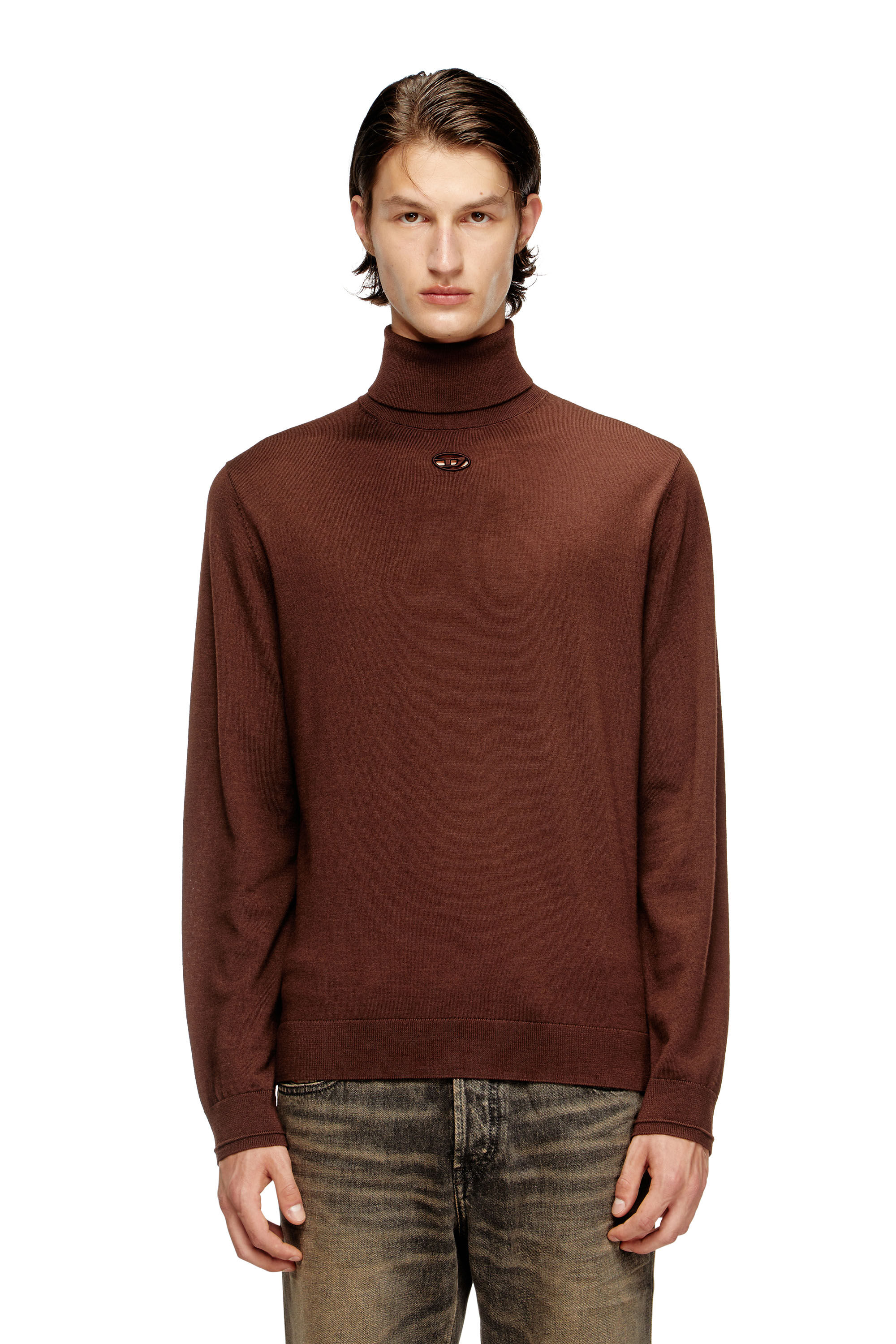 Diesel - K-VARTA, Pull à col roulé en laine avec logo ajouré Homme in Marron - 3
