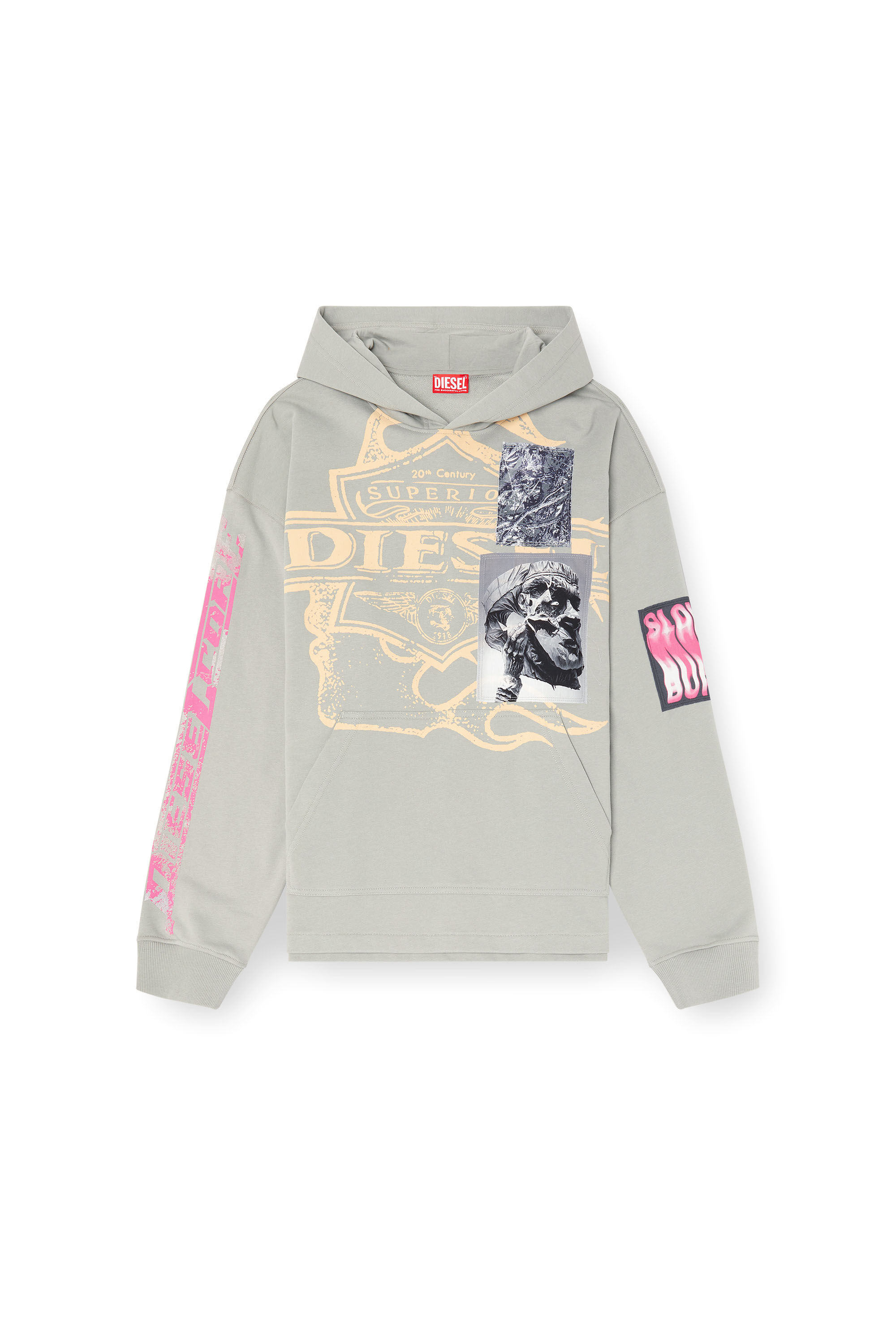 Diesel - S-BAXT-HOOD-R1, Sweat-shirt à capuche avec imprimés et empiècements à logo Homme in Gris - 2