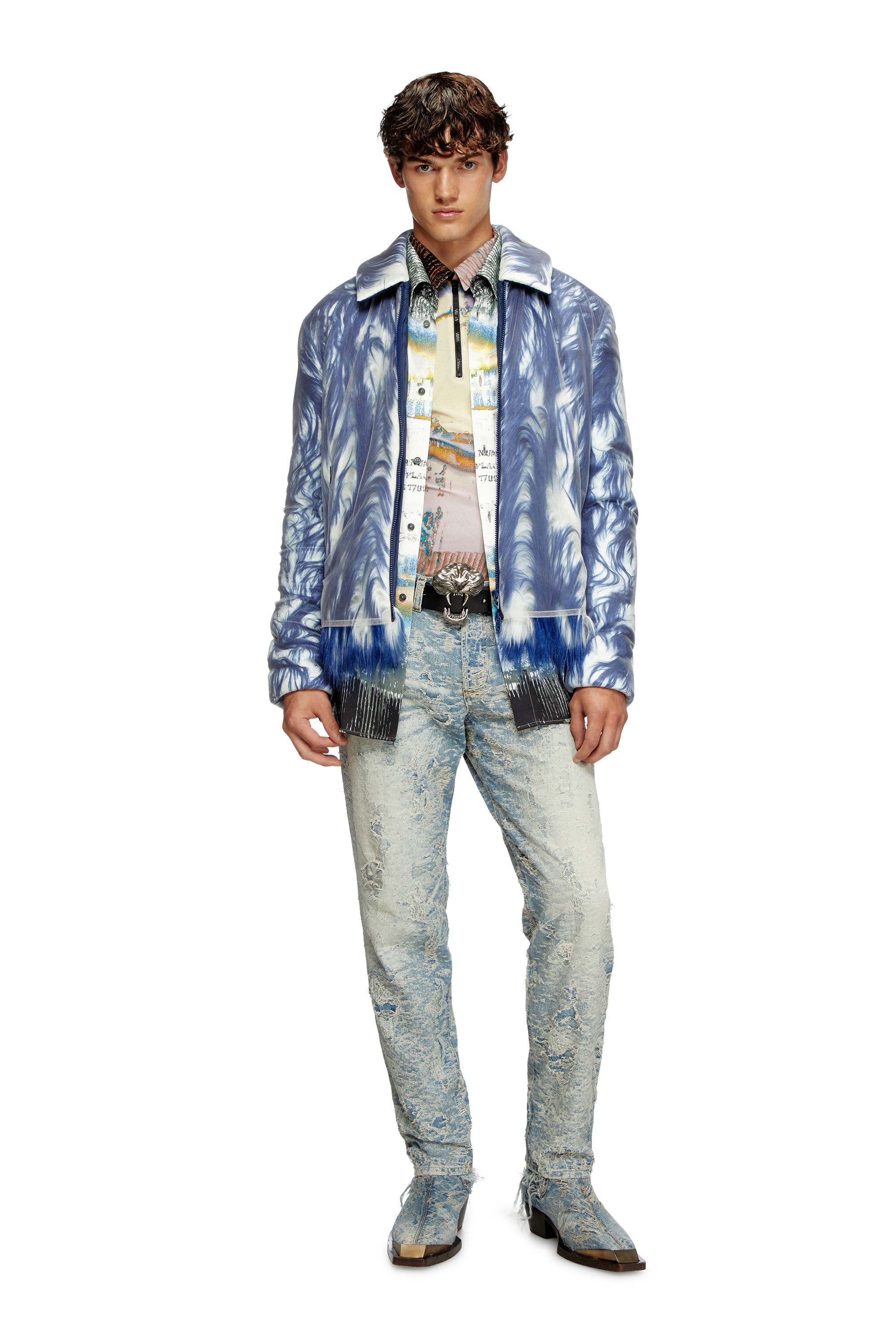 Diesel - W-WOUFY, Veste duveteuse avec superposition de tulle transparent Homme in Bleu - 1