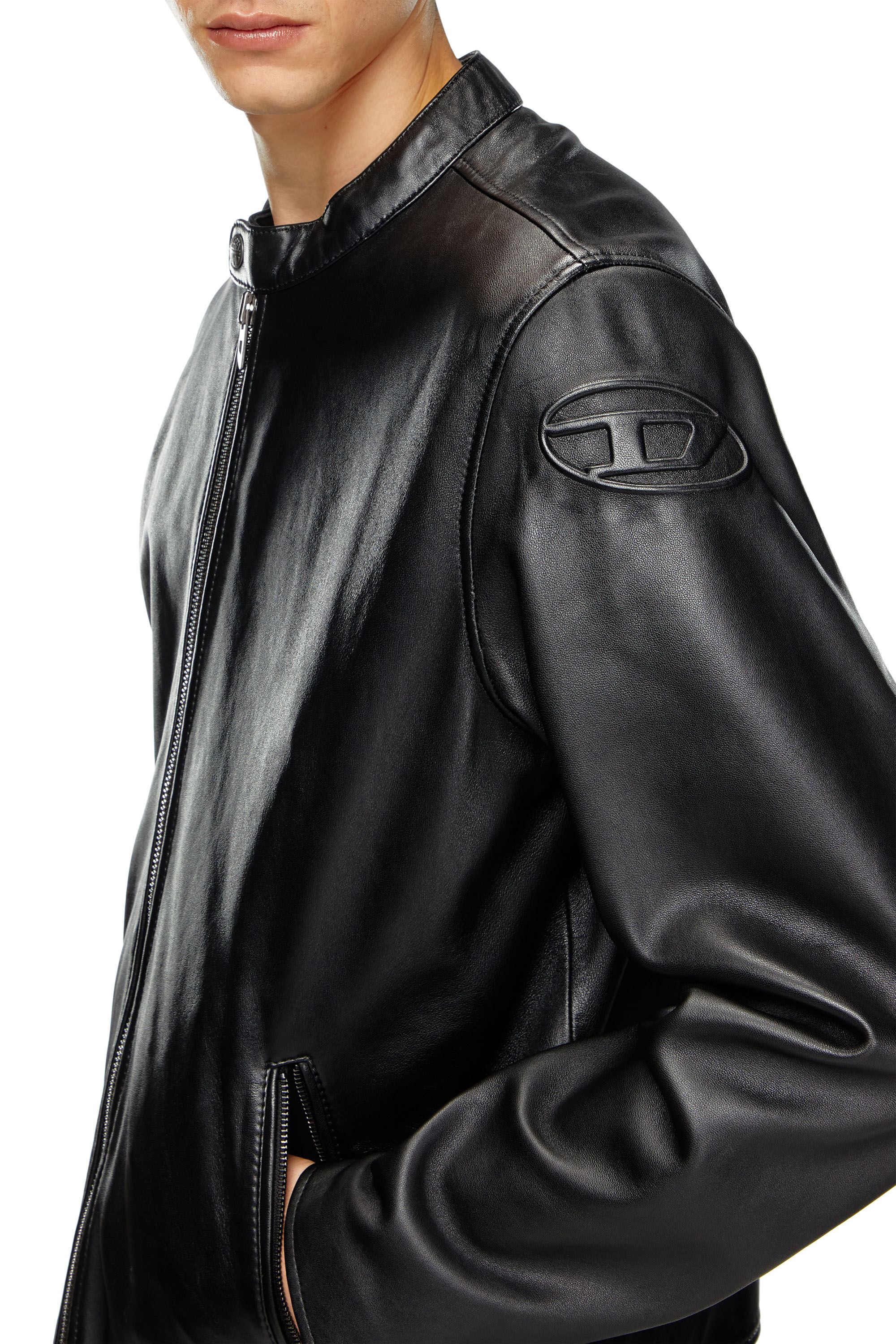 Diesel - L-CARVER, Homme Blouson biker en cuir avec logo embossé in Noir - Image 5